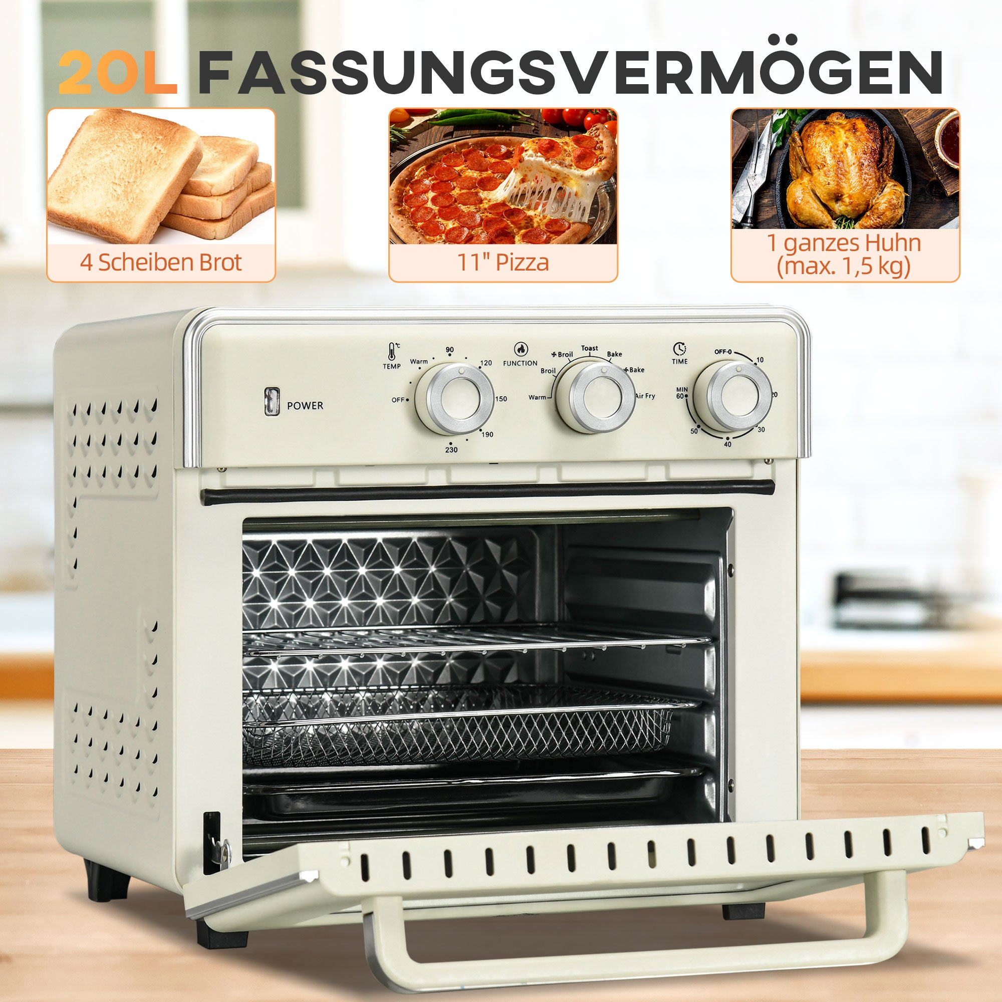 HOMCOM 5-in1 Mini Ofen, 20 L Fassungsvermögen, 1400W, 1 Backrost, 1 Backblech, 60 Min. Timer