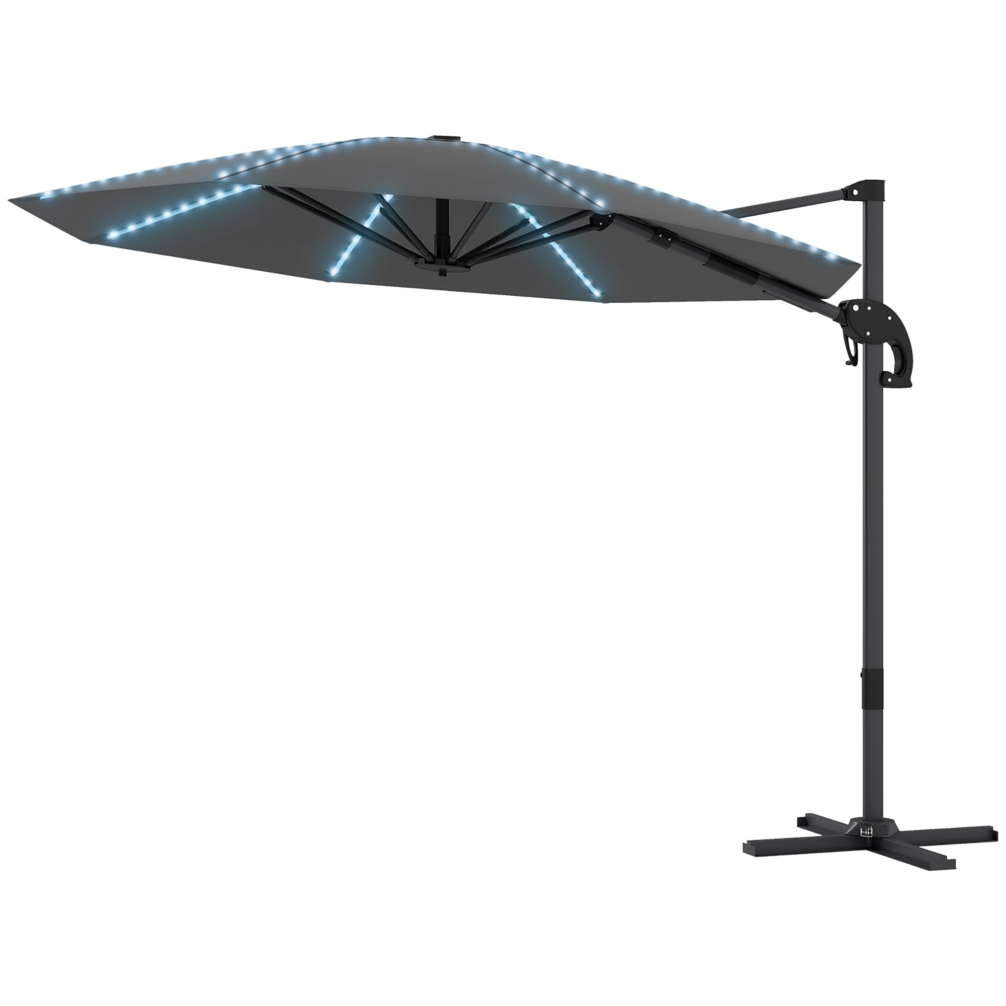 Outsunny Alu Ampelschirm LED Solar Ø300 cm höhenverstellbar Sonnenschirm mit Kurbel Ständer UV50+ Dunkelgrau