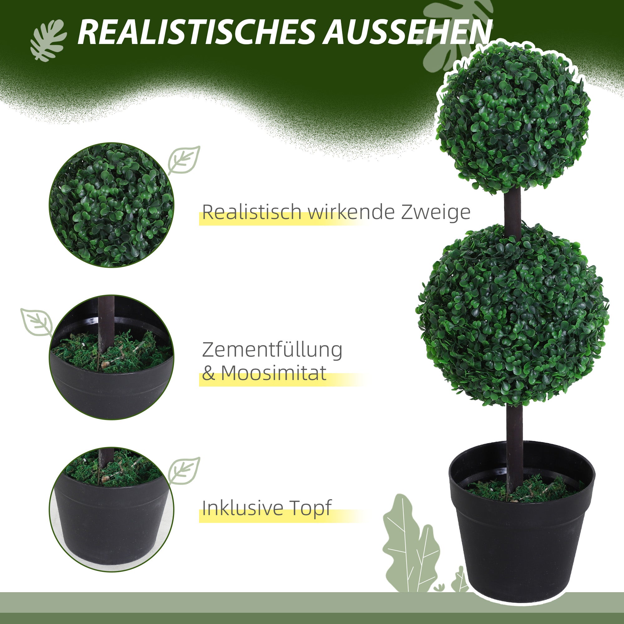 Outsunny 2er-Set Kunstpflanze, Künstliche Pflanzen im Kugeldesign, Kunstbaum im Zementtopf, Kunststoff-Pflanze, Grün+Schwarz