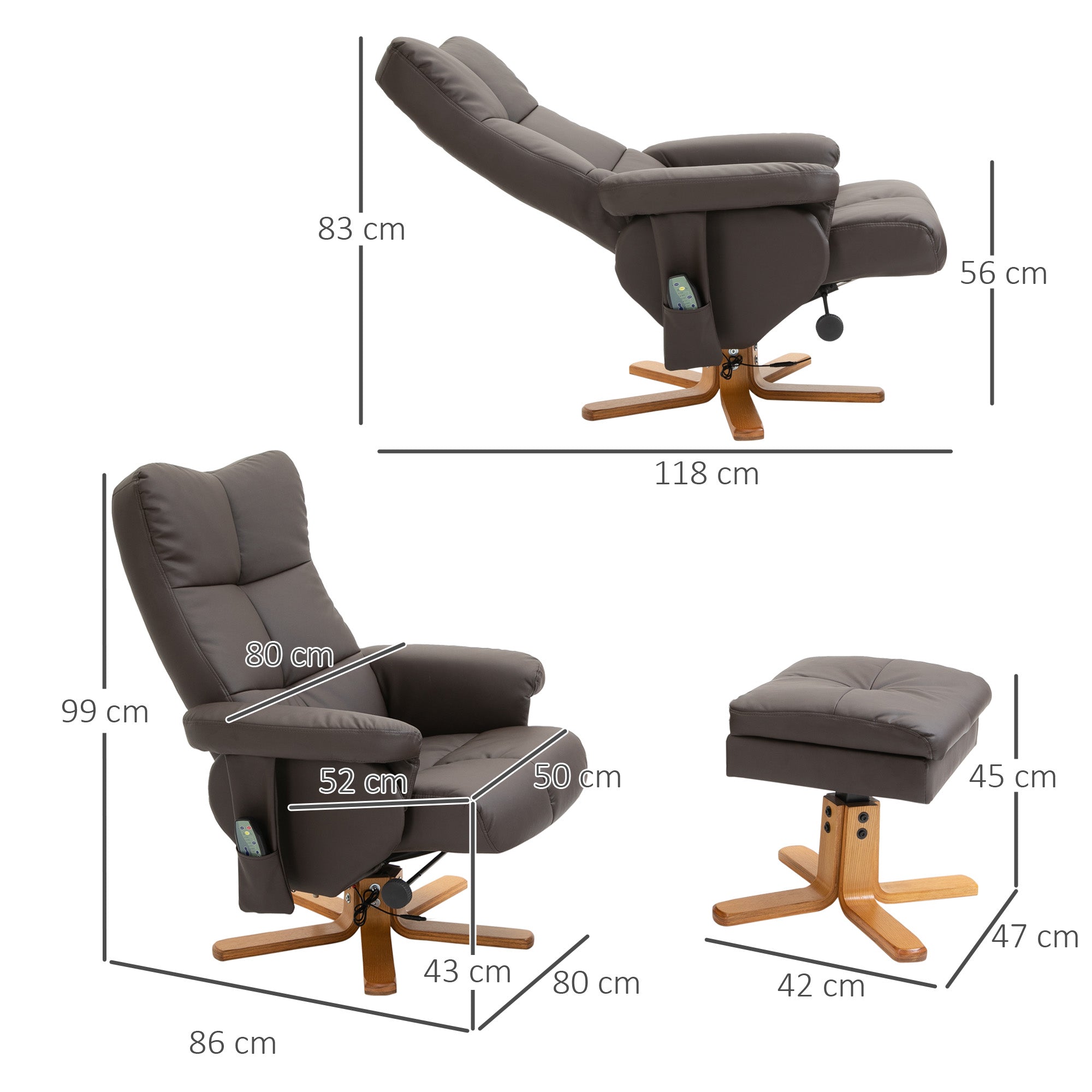 HOMCOM Relaxsessel mit Liegefunktion Massagesessel mit Fußhocker Fernsehsessel TV Sessel 145°-Neigung Liegesessel Ergonomischer Stuhl mit 10 Vibrationpunkte Kunstleder Braun 80 x 86 x 99 cm