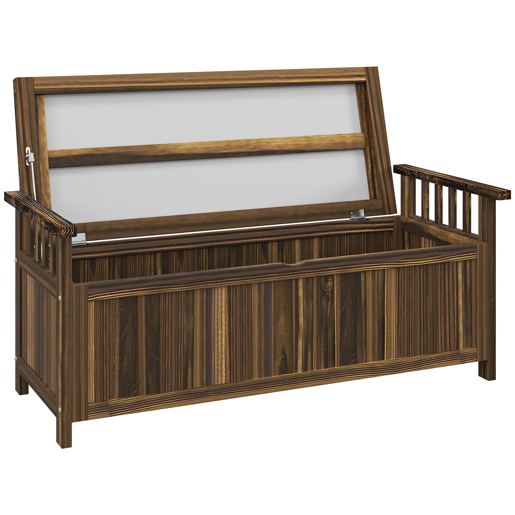 Outsunny 2-Sitzer Gartenbank Holz, wetterfest Sitzbank, Gartenmöbel mit Stauraum Armlehnen 128,5 x 56 x 53,5cm, Verkohlt