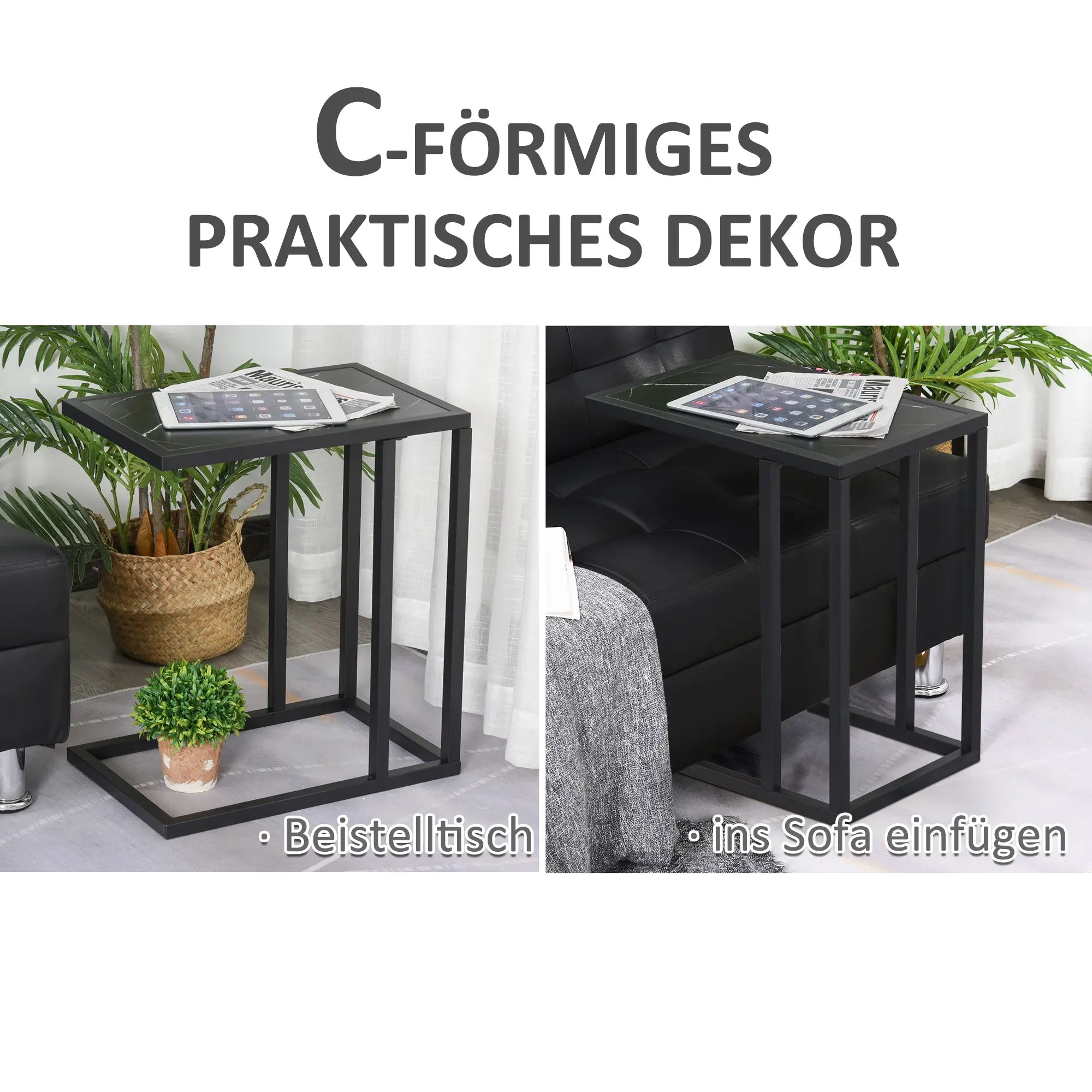HOMCOM Beistelltisch C-Form Marmoroptik für Sofa oder Bett