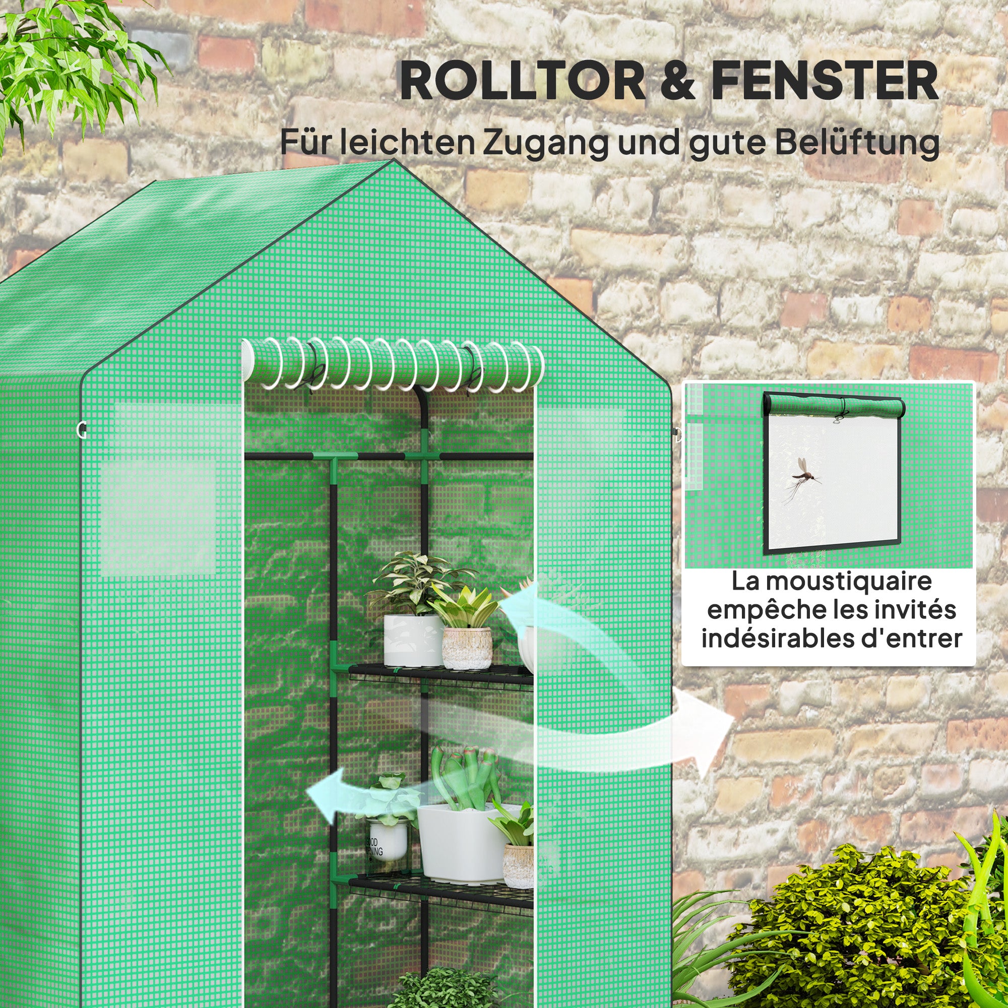 Outsunny Gewächshaus mit Regalen, Mini-Treibhaus, UV-beständig, Netzfenster, Reißverschlusstür, 143L x 74B x 190H cm, Grün