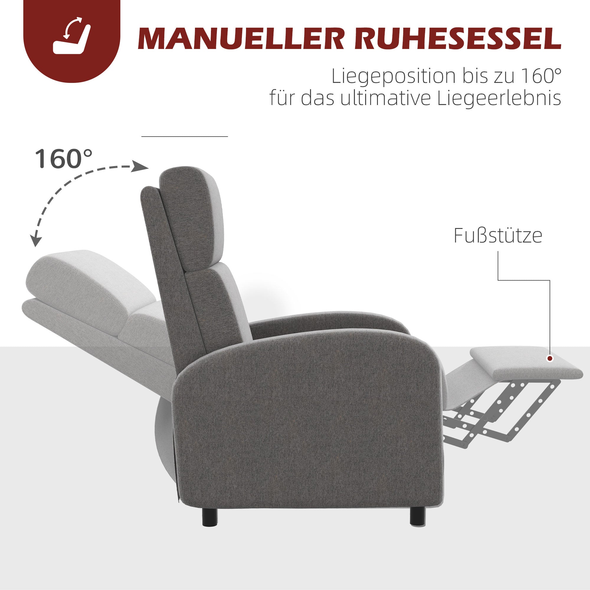 HOMCOM Relaxsessel Fernsehsessel, ausklappbare Fußstütze, neigbar bis zu 160°, 64 x 86 x 102 cm, Grau