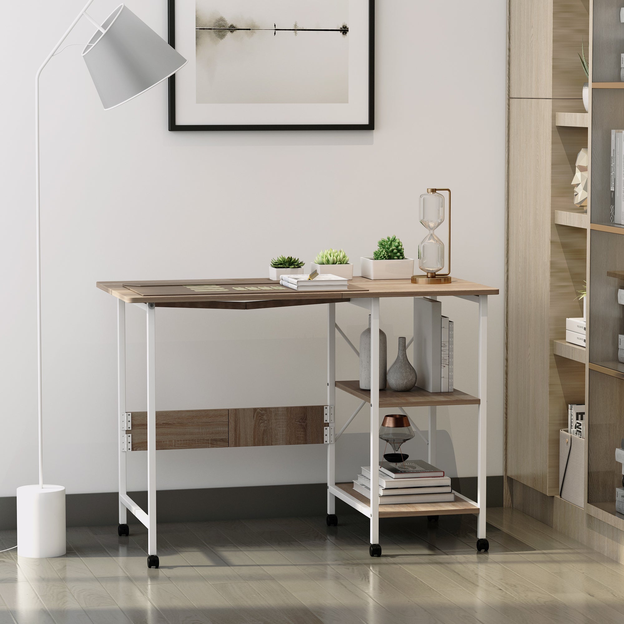 HOMCOM Klapptisch Schreibtisch Beistelltisch Bürotisch Mobiler Computertisch mit Rollen MDF Natur 107 x 55 x 76 cm