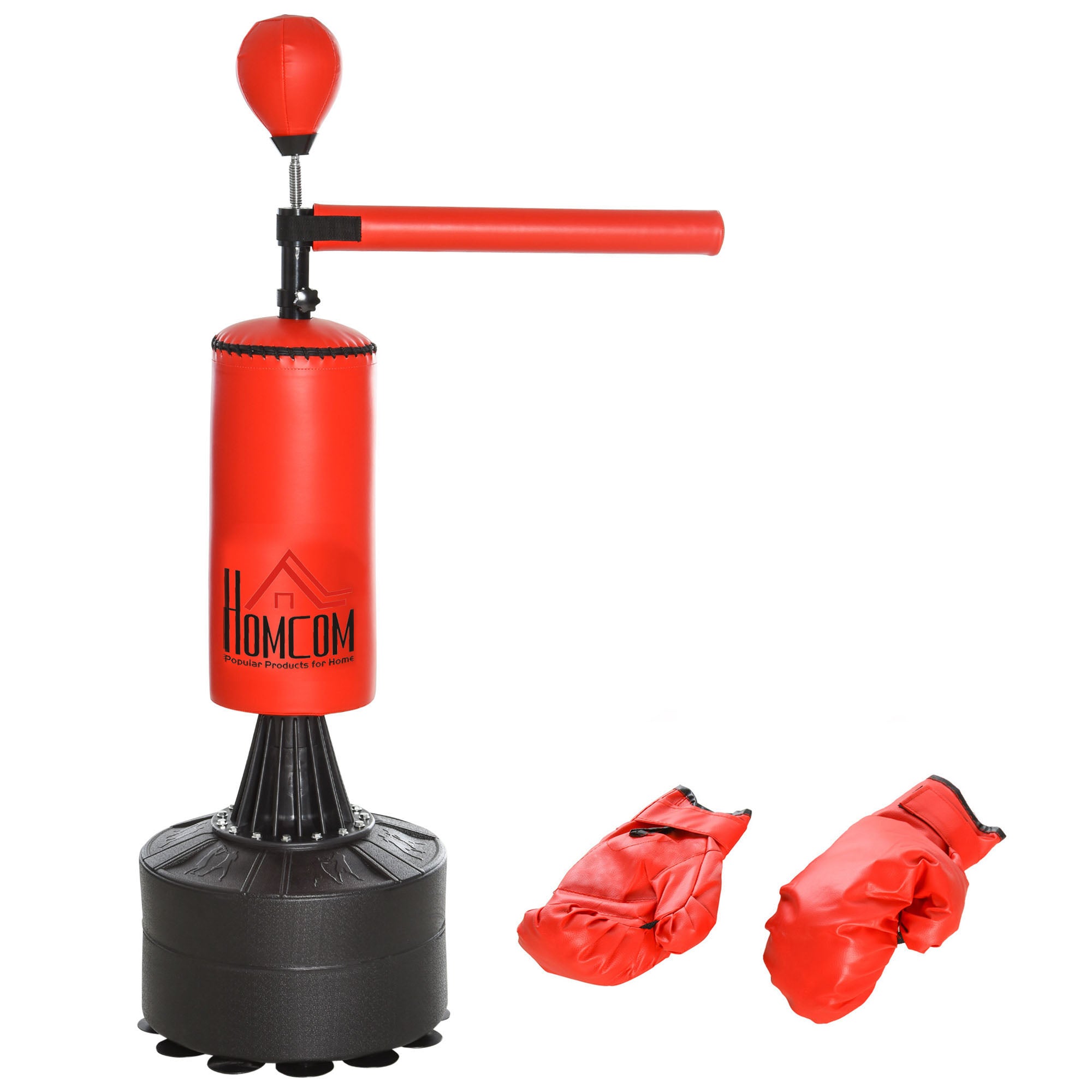HOMCOM Standboxsack Boxtrainingsgerät mit Reflexball, 360°-Drehstange, Saugfuß, Sand/Wasser befüllbar, Stehend Boxassistent mit Handschuhe, Luftpumpe Training Boxsack 88 x 48 x 155-205 cm