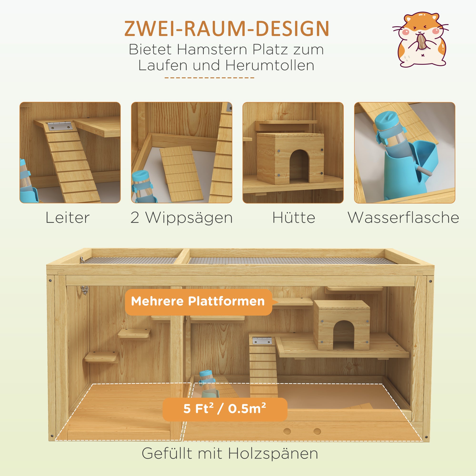 PawHut Kleintierkäfig Nagekäfig, Tannenholz, inkl. Zubehör und Tränke, 100 x 50 x 50 cm, Natur