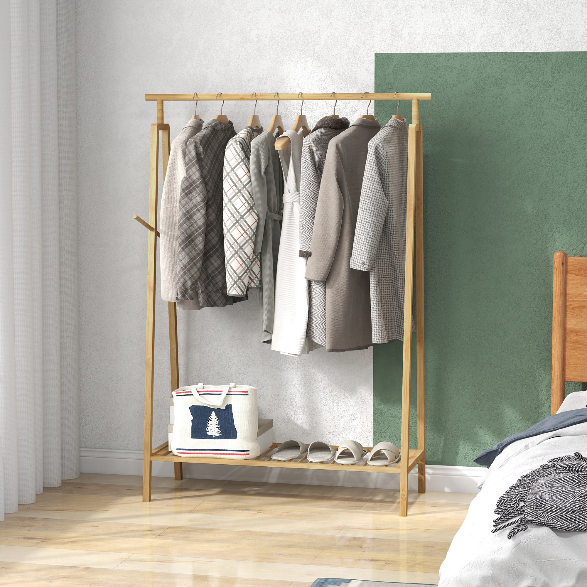 HOMCOM Garderobenständer mit Kleiderstange und Schuhablage Bambus