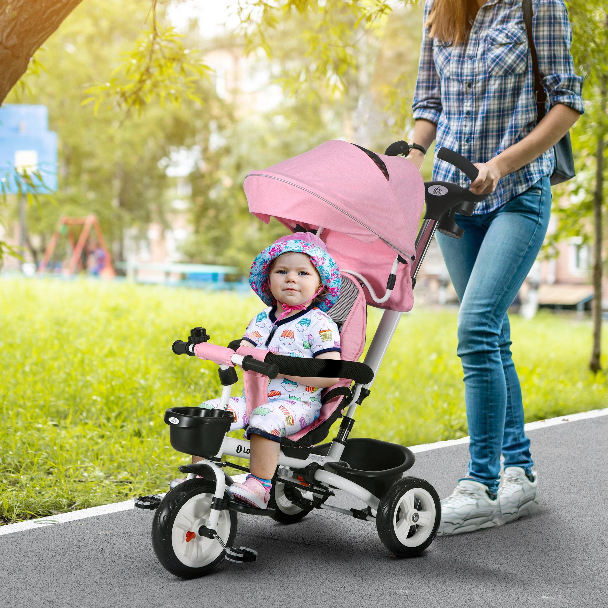 HOMCOM 6-in-1 Kinderdreirad mit Schiebestange, Dach, Gurt, Ablagekorb, 18+ Monate, Rosa