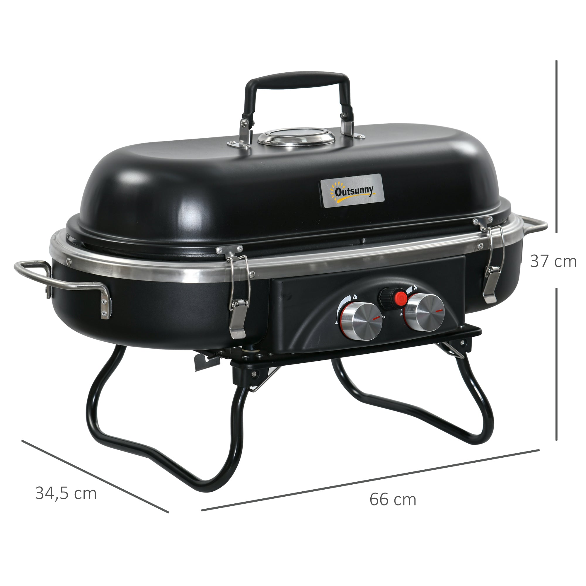 Outsunny Gasgrill 2,34 KW Klappbar BBQ Gartengrill inkl 2 Edelstahl-Brenner Druckminderer 66 x 34,5 x 37 cm Schwarz