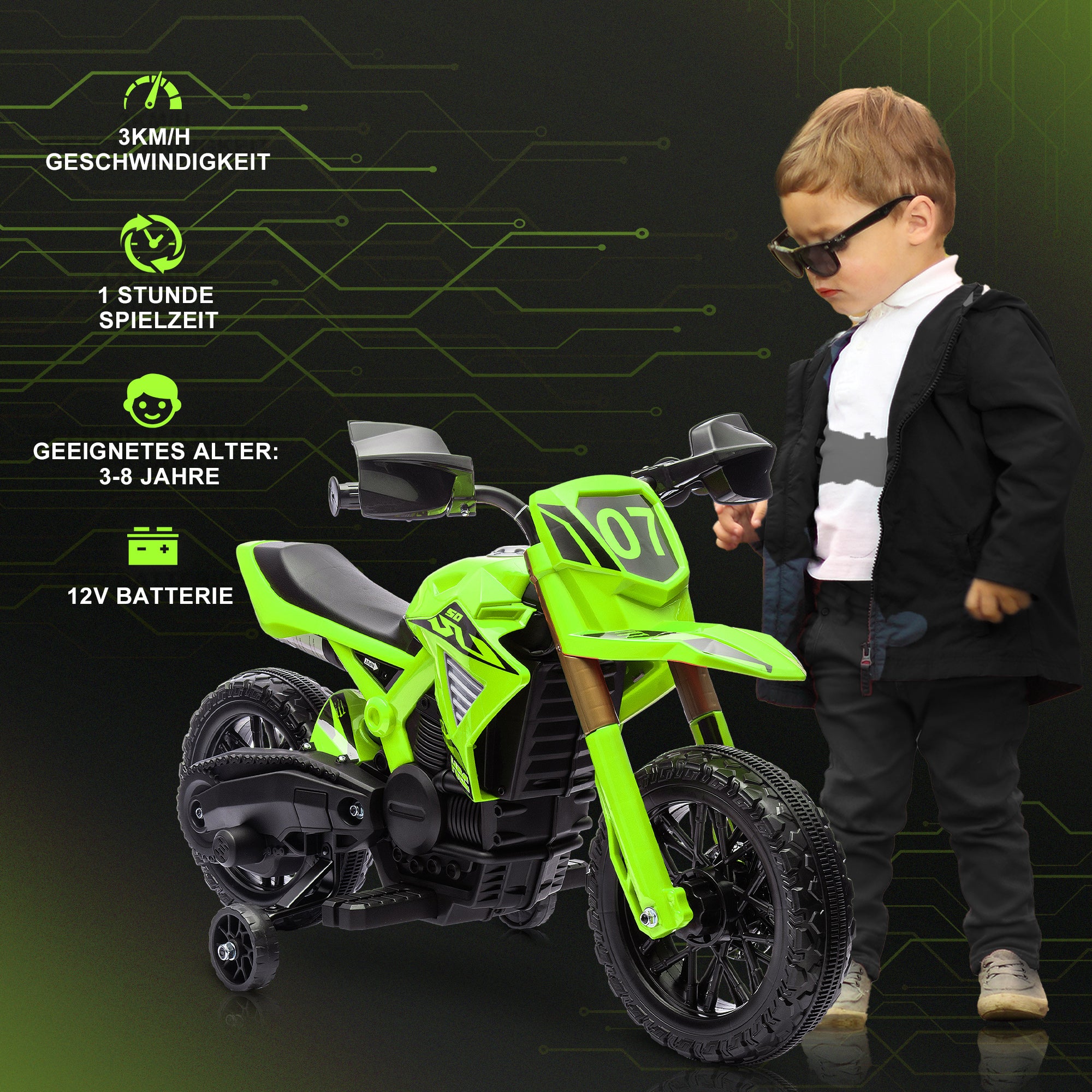AIYAPLAY Elektro-Motorrad für Kinder, 6V Batterie-Antrieb, Stützräder, Hupe, Startgeräusch, 3-8 Jahre, Grün