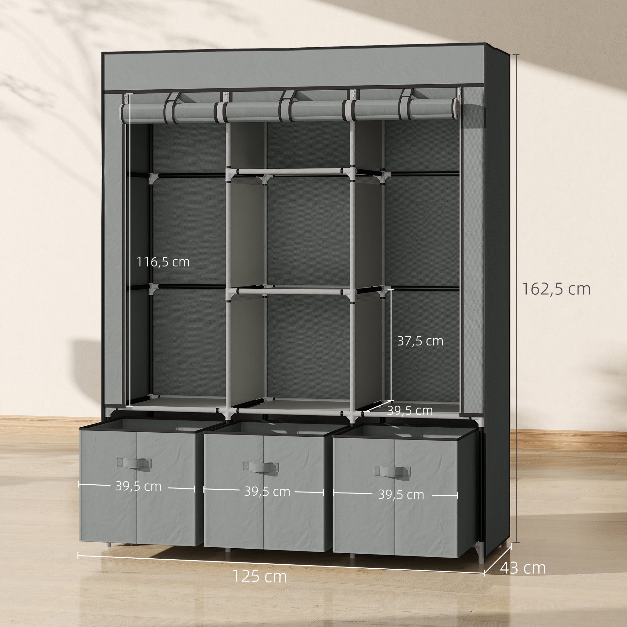 HOMCOM Stoffschrank aus Vlies, Faltschrank, inkl. 3 Schubladen, 125 cm x 43 cm x 162,5 cm, Hellgrau