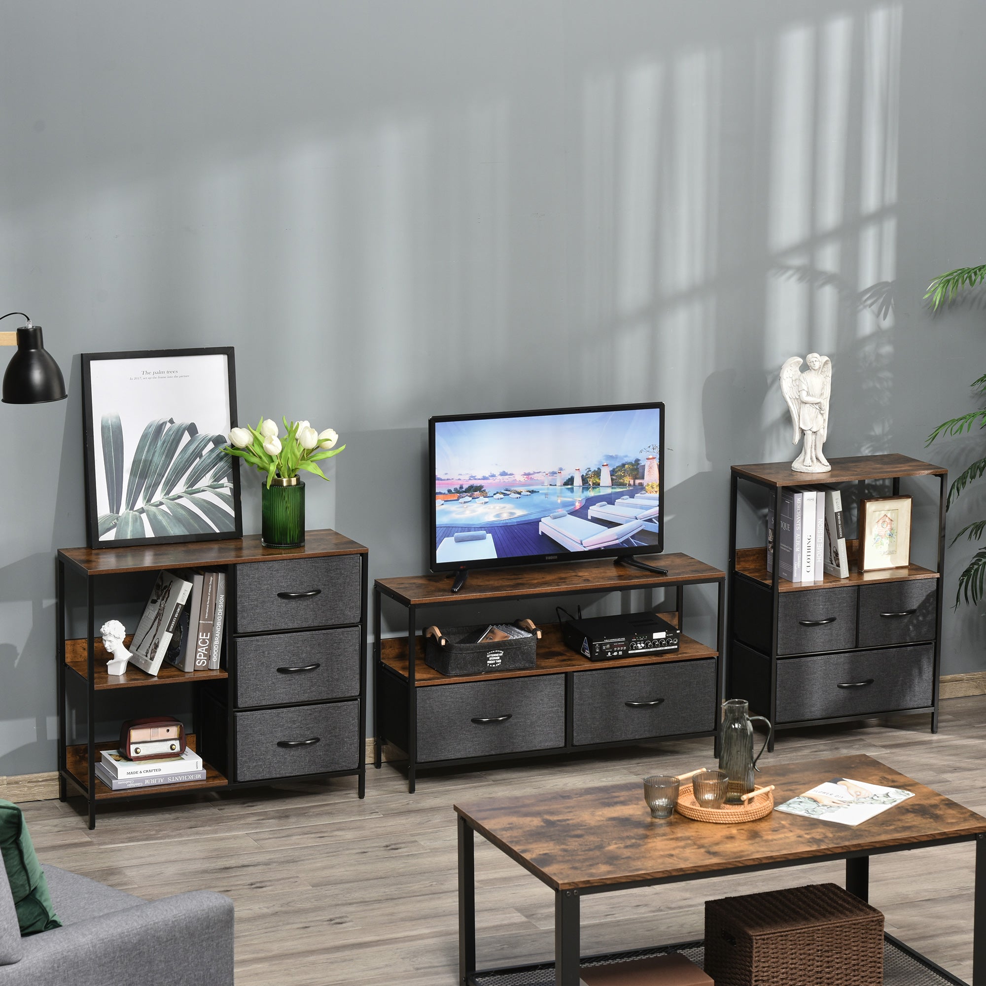 HOMCOM Aufbewahrungs-Kommode, 3 Stoffschubladen, Regale, Metallrahmen, Braun+Grau