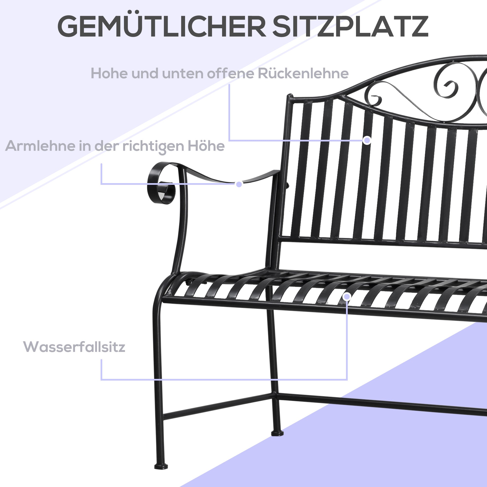 Outsunny Gartenbank Sitzbank Parkbank 2-Sitzer Metallbank Stahlrahmen mit Armlehne für Garten Balkon und Terrasse bis 220 kg belastbar Grau 115,5 x 54 x 96 cm