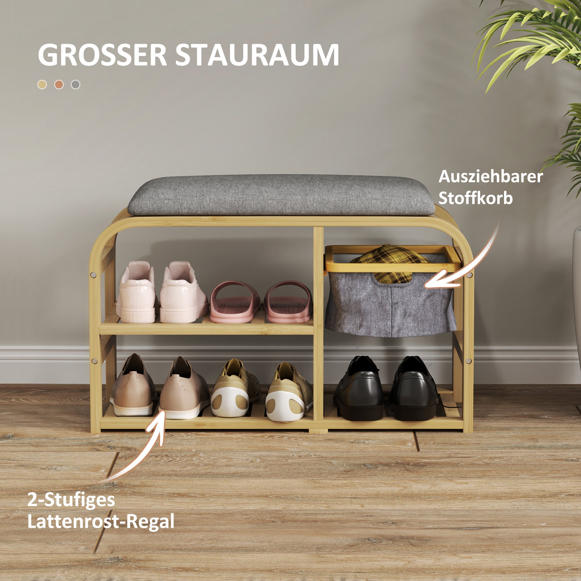 HOMCOM Schuhbank mit Regalen, Schuhaufbewahrungsbank, Bambus, Polstersitz, Grau