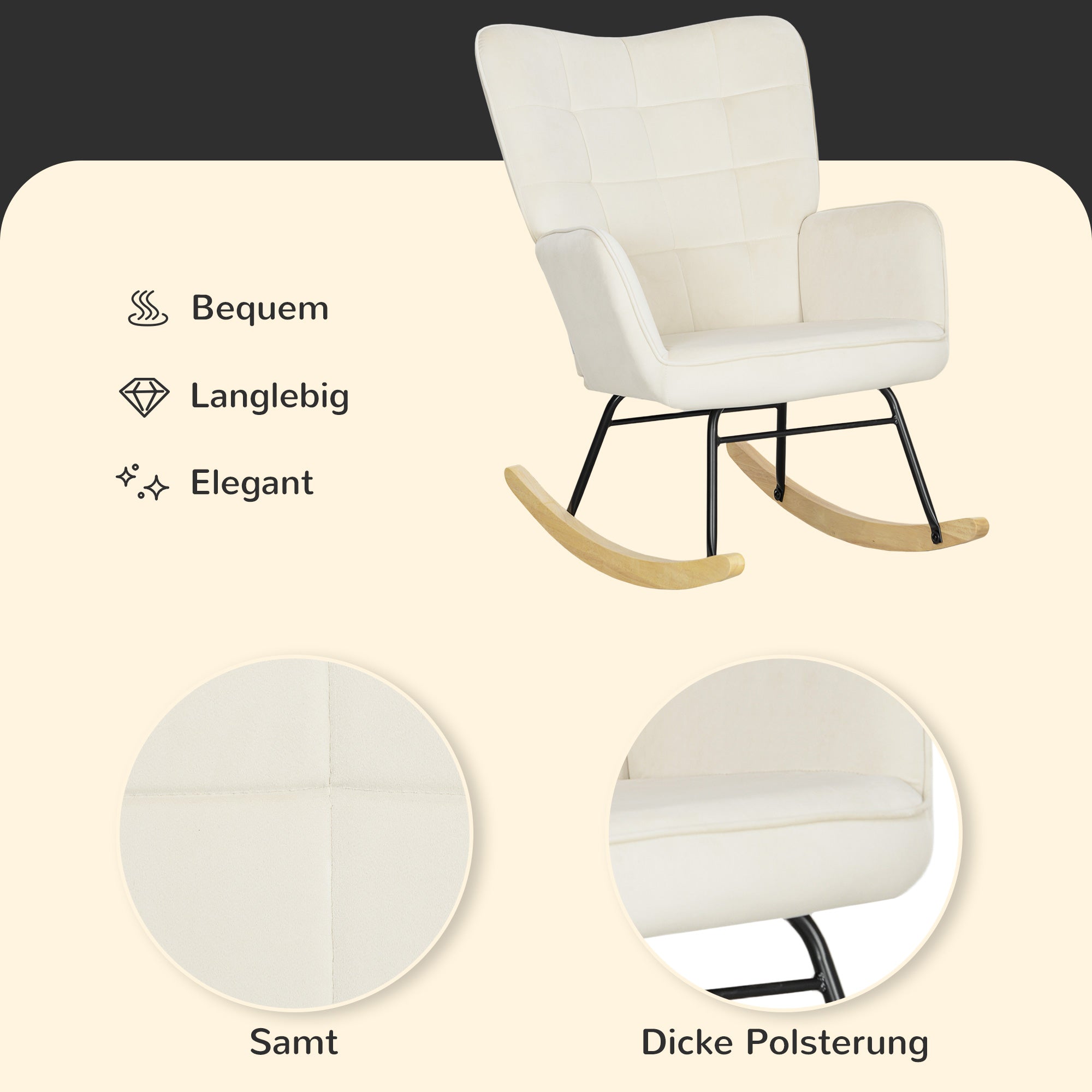 HOMCOM Schaukelstuhl, dicke Polsterung, breite Rückenlehne, Buchenholz/Stahlrahmen, bis 120 kg, Beige