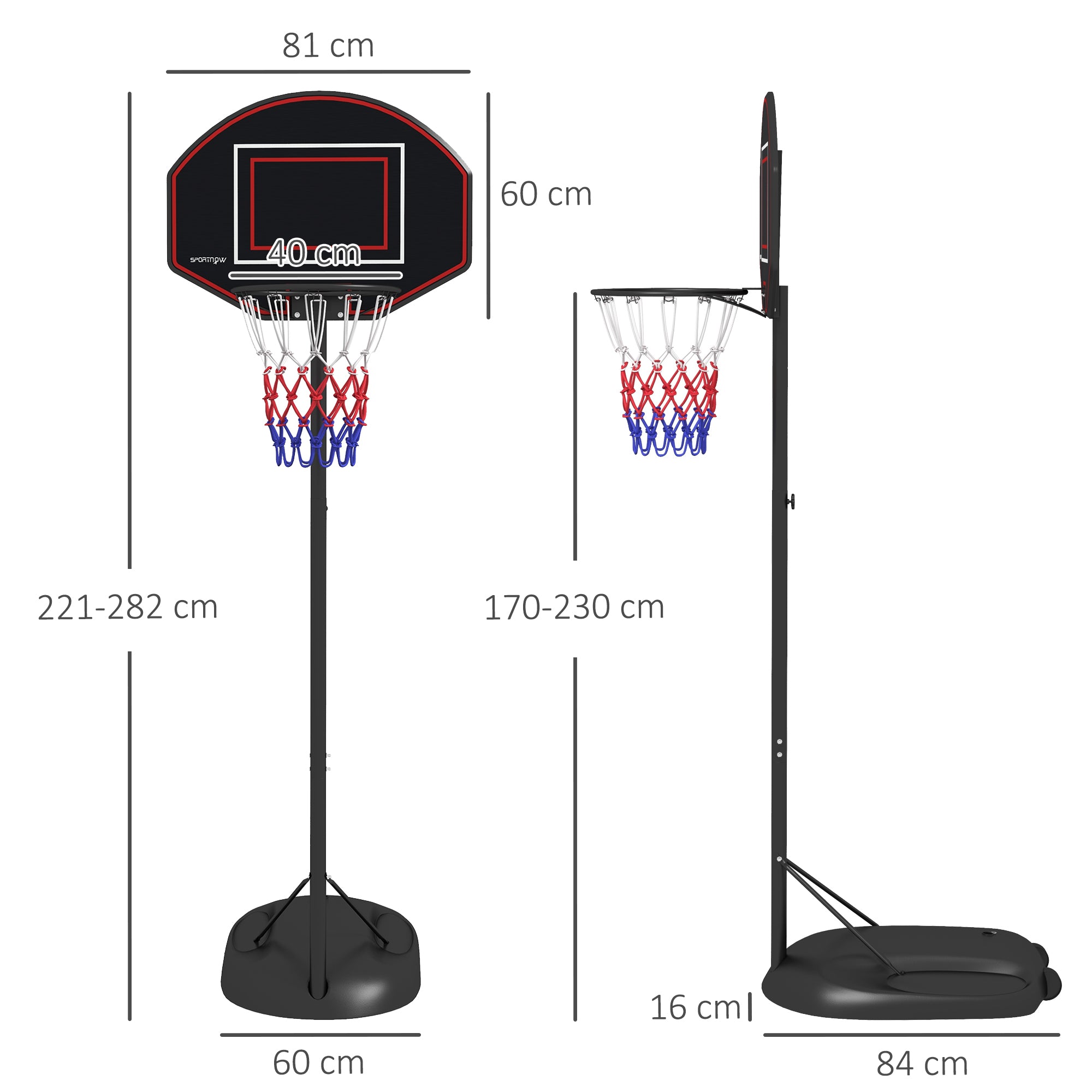SPORTNOW Basketballständer, höhenverstellbar, robust, 1,7-2,3 m Korbhöhe, Stahlrahmen, Schwarz