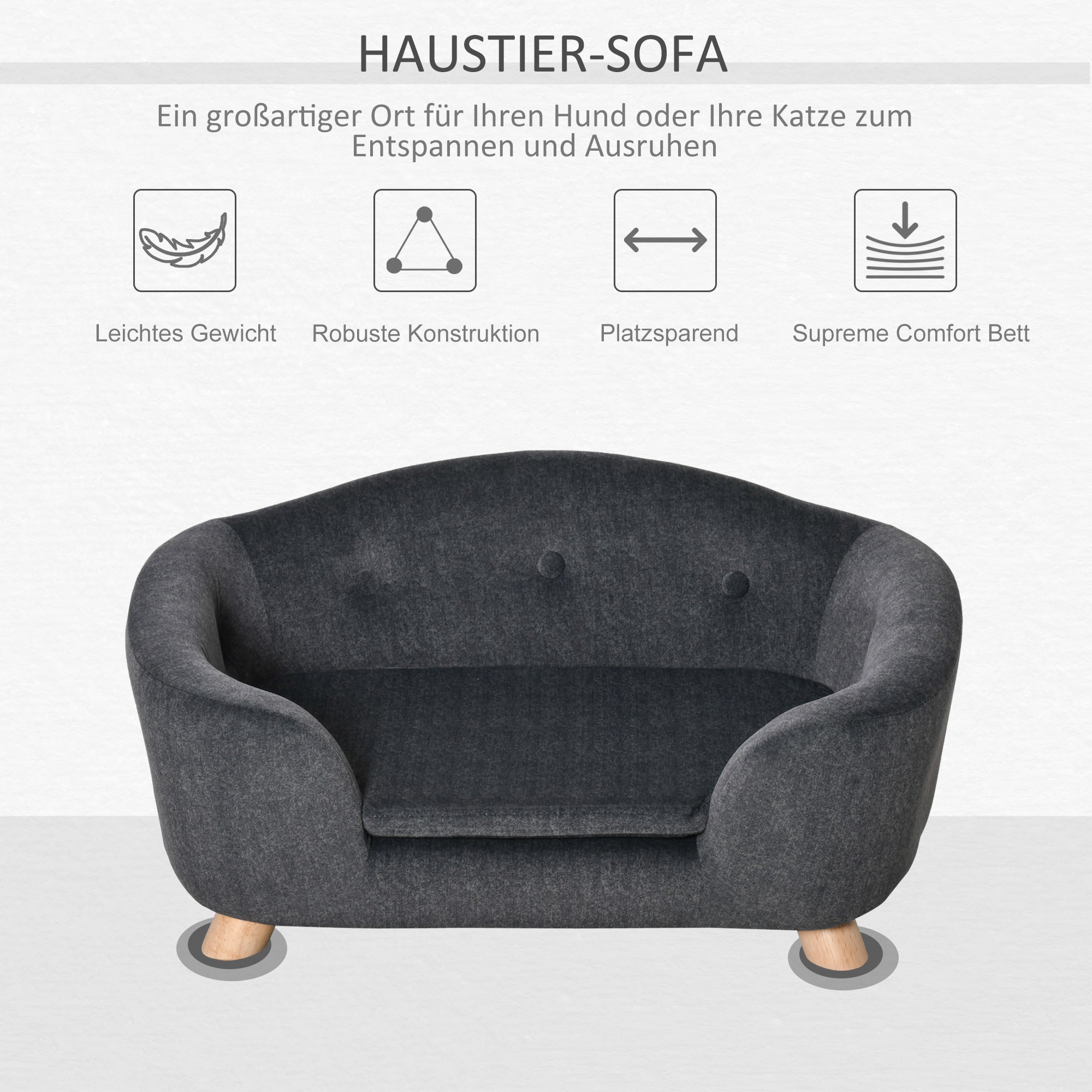 PawHut Haustiersofa Hundematte Hundebett Hundesofa Hundecouch Katzen Sofa mit Kissen Rückentasche Plüsch Schaumstoff Kiefernholz Dunkelgrau 70 x 47 x 30 cm