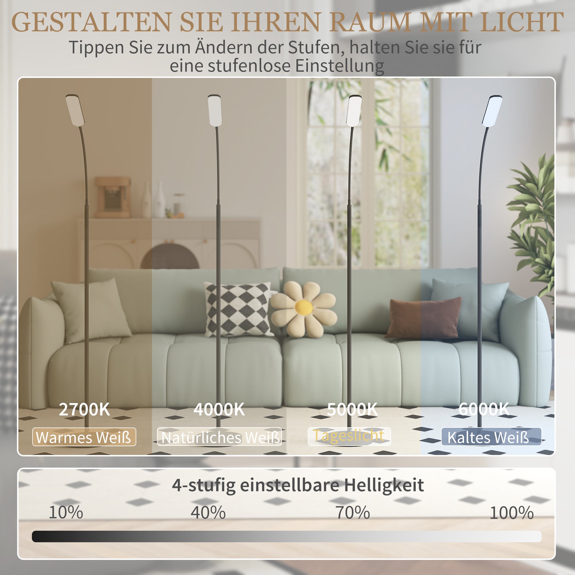 HOMCOM LED-Stehlampe, 5 Modi, Speicherfunktion, verstellbare Helligkeit, Stahl, Schwarz