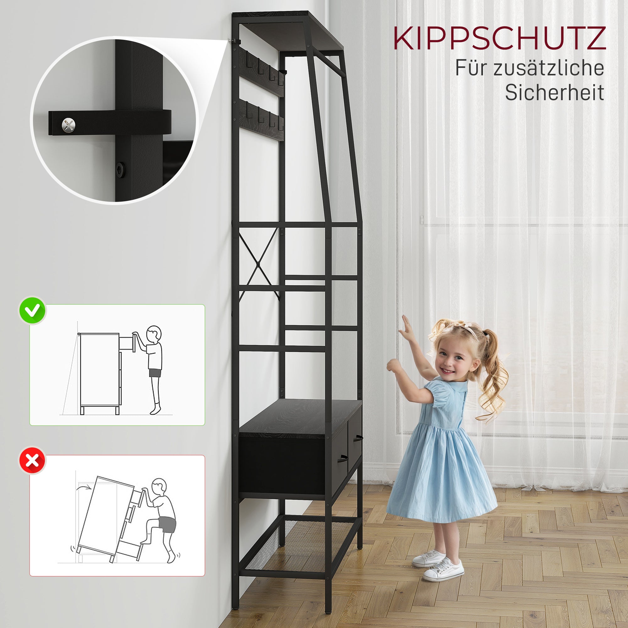 HOMCOM Garderobenständer mit Schuhregal, Kleiderständer im Industrie-Design, 2 Stoffschubladen, 8 Haken, Metallrahmen, Schwarz