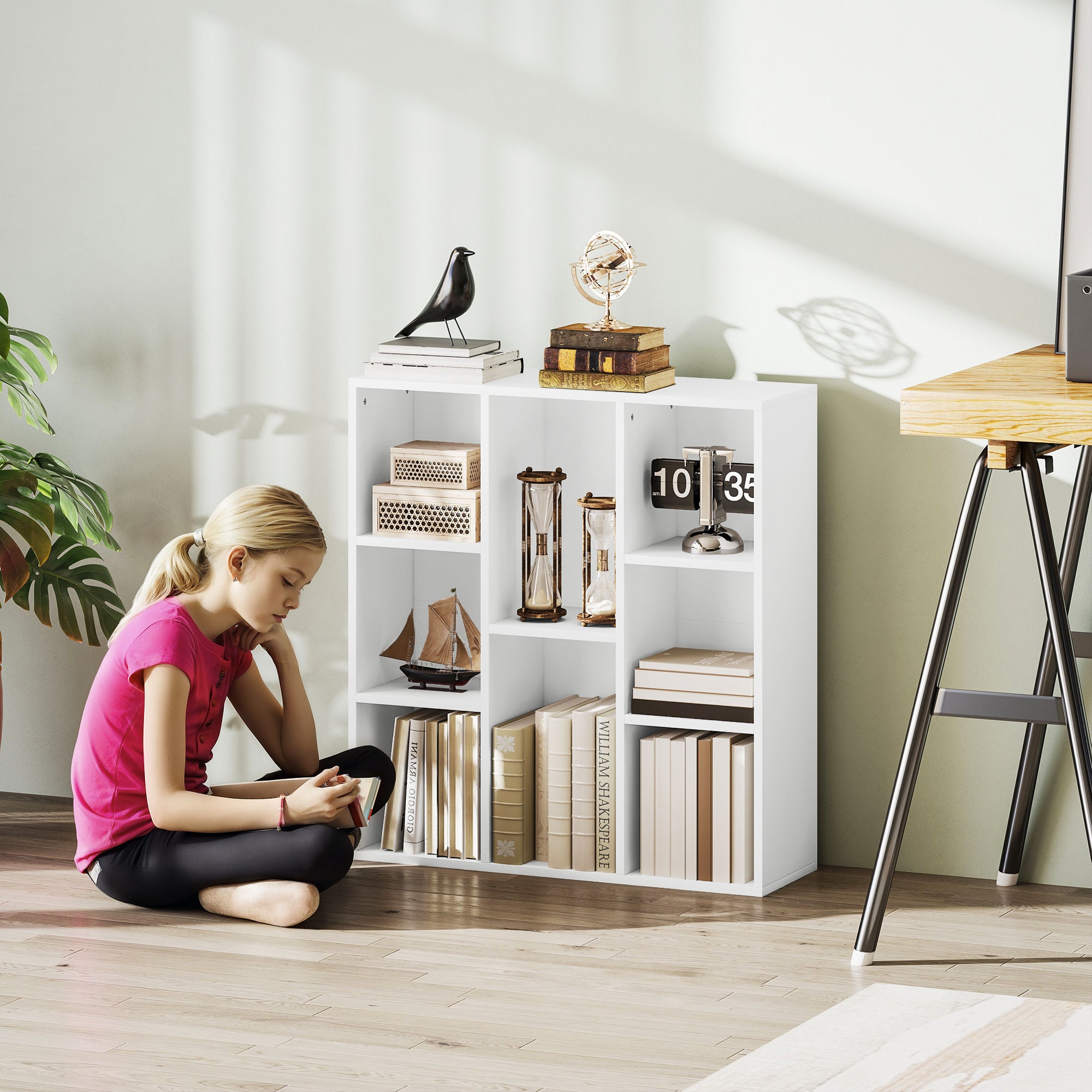 HOMCOM 3-Ebenen-Bücherregal, 8 Fächer, Spanplatte, Aufbewahrungsregal, Weiß