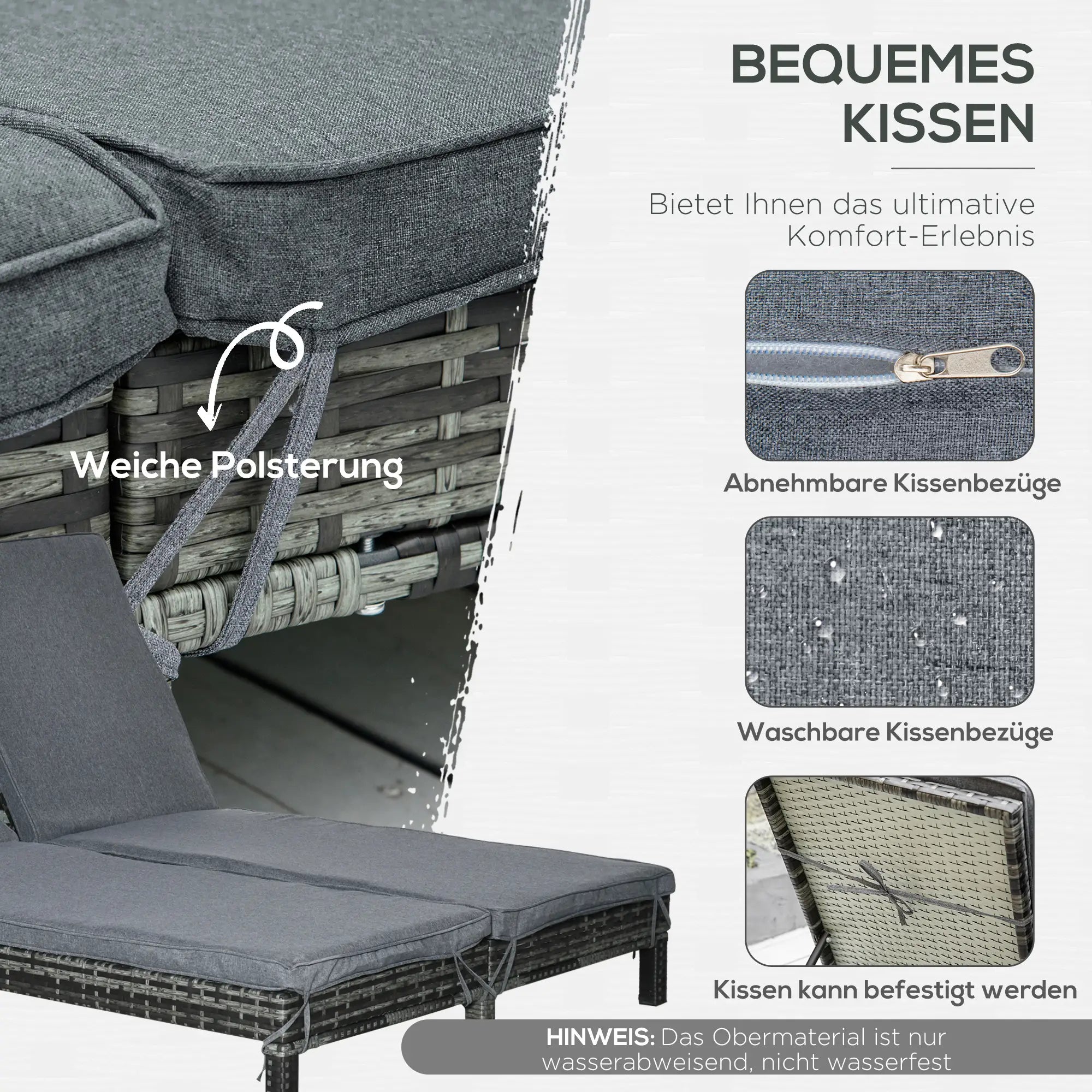 Outsunny Polyrattan Sonnenliege für 2 Personen 5-fach verstellbar