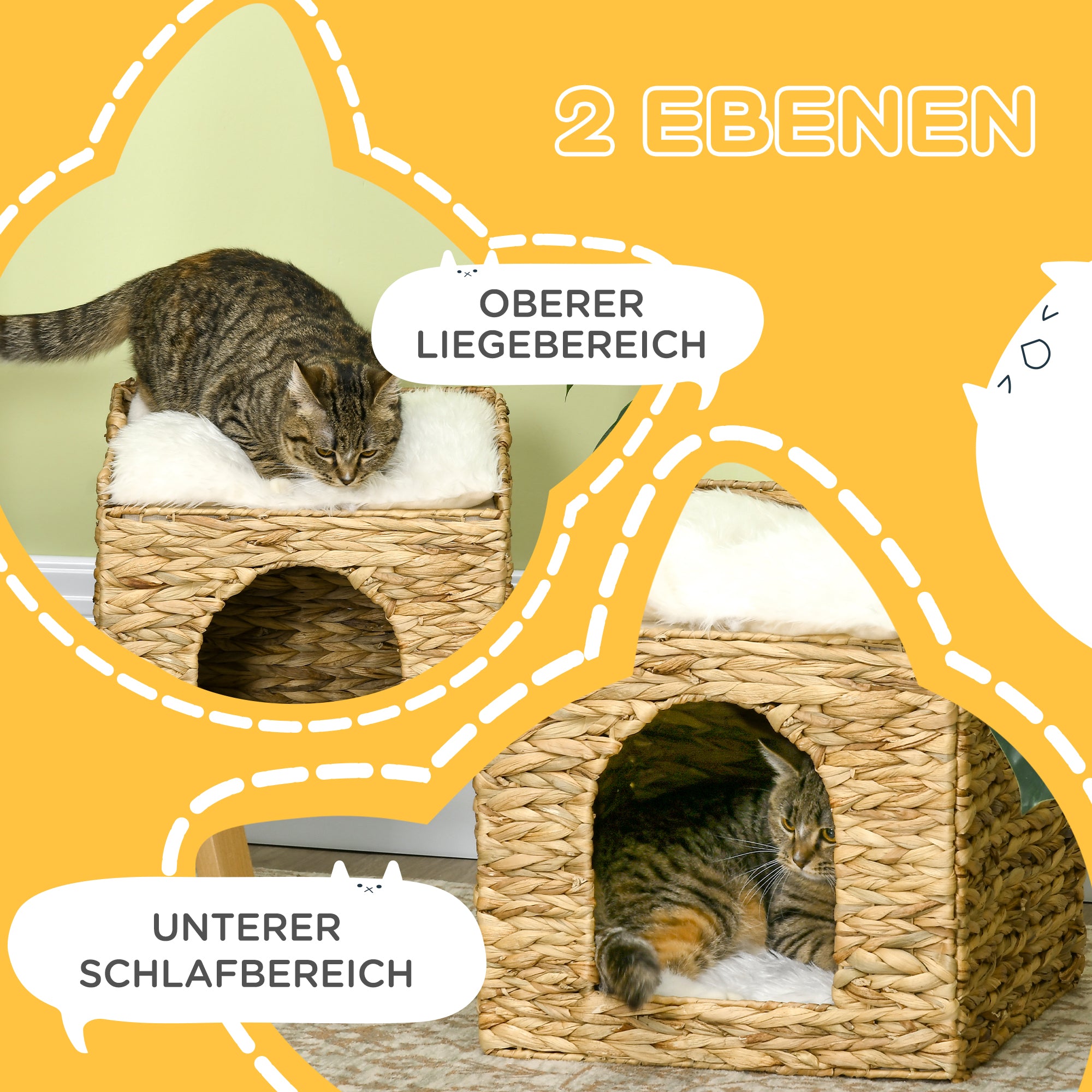 PawHut Katzenhöhle aus Wasserhyazinthen-Gras, 2 Liegefläche, 2 waschbare Kissen, Natur + Weiß