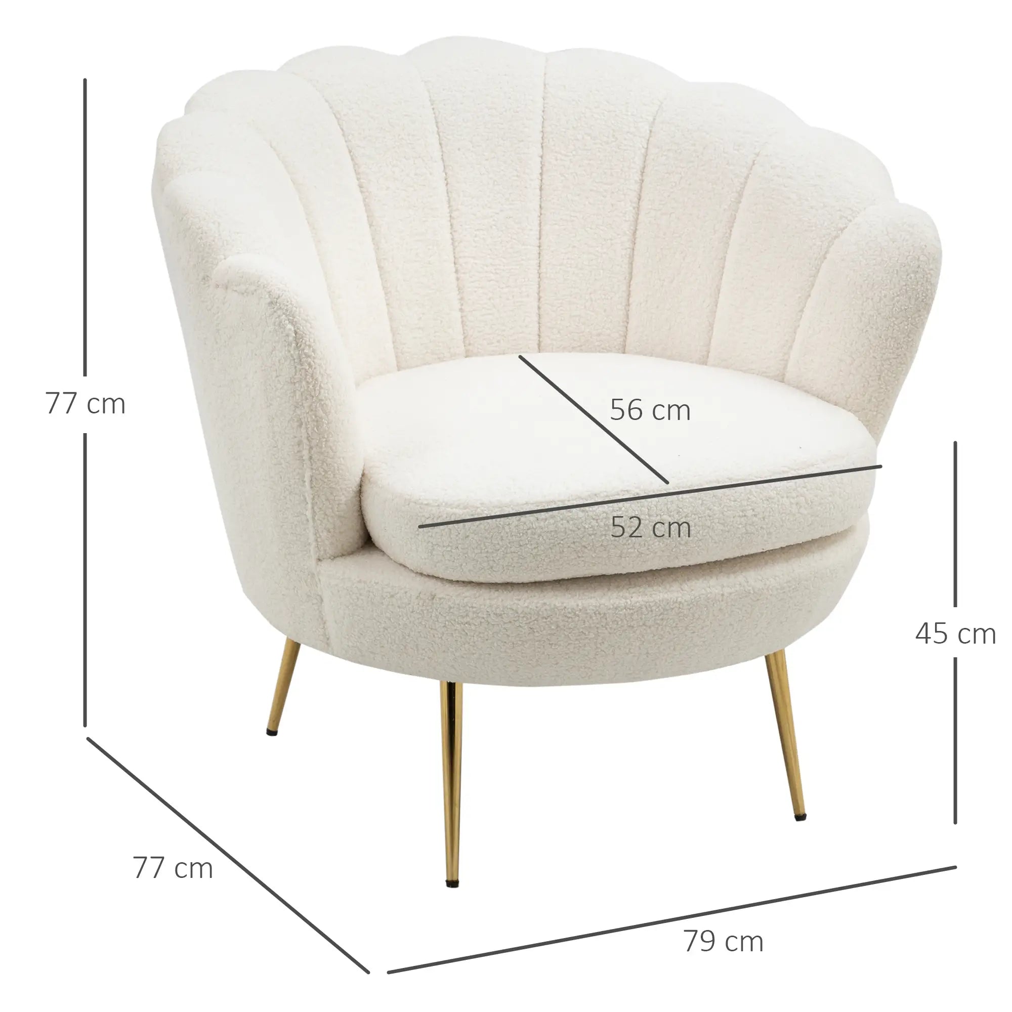 HOMCOM Polstersessel in Muschelform, Relaxsessel, Entspannungssessel, Metallbeine in Goldoptik, 79L x 77B x 77H cm, Weiß