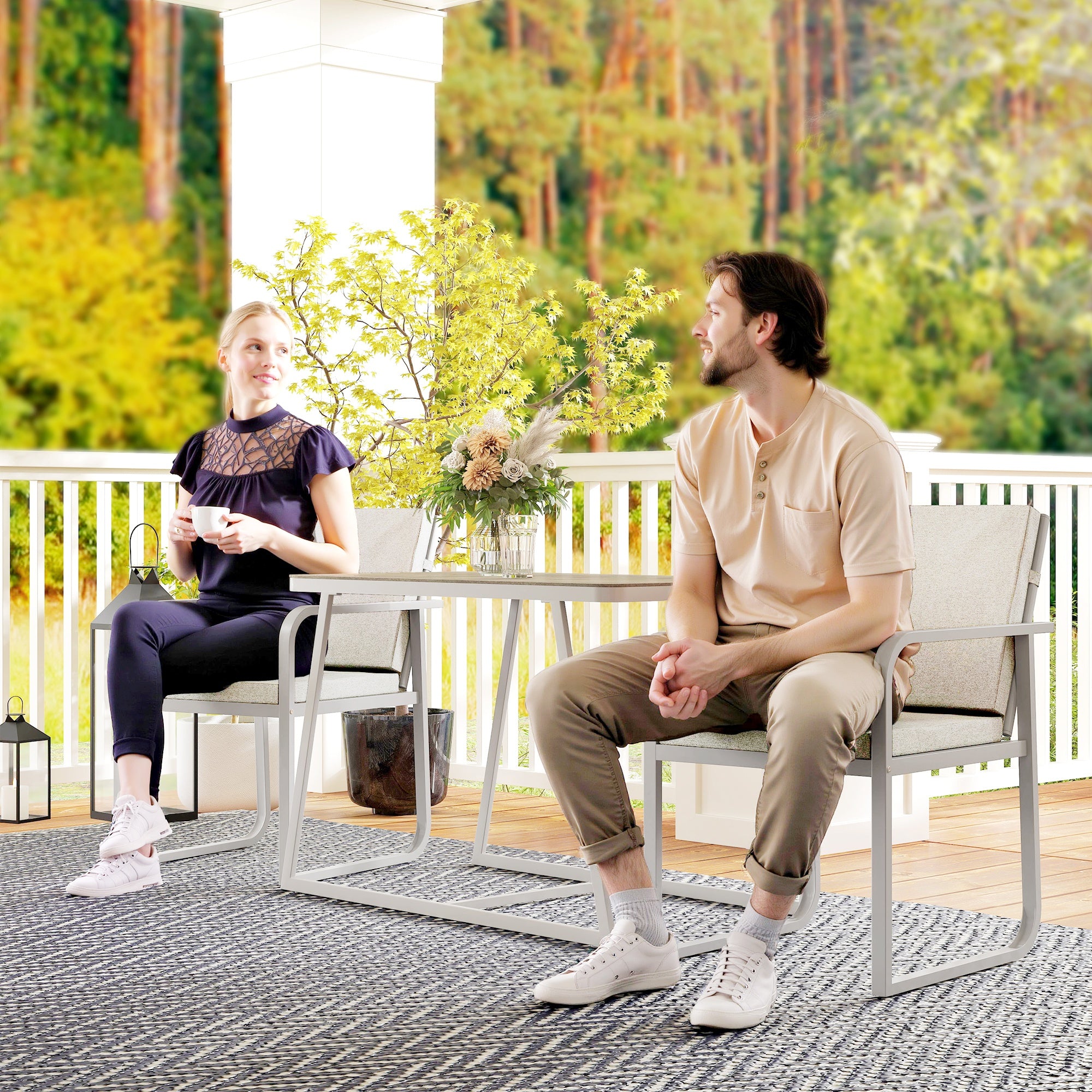 Outsunny Sitzgruppe 3-teilig Essgruppe für 2 Personen Esstisch mit 2 Stühlen Glastisch Hellgrau