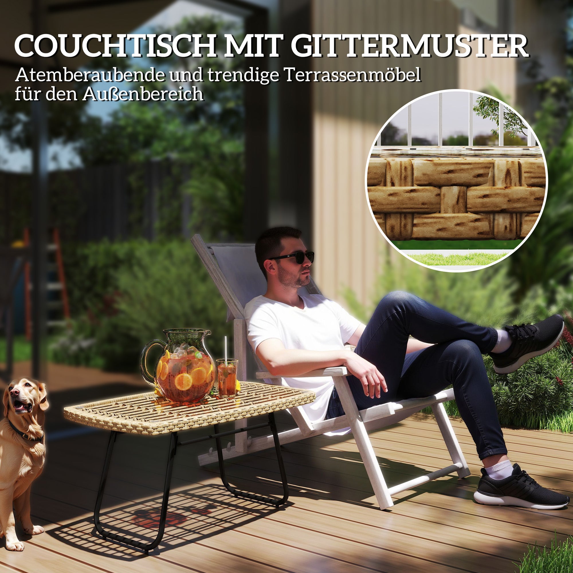 Outsunny Polyrattan Gartentisch, 90 x 50 x 45 cm, UV-beständig Beistelltisch mit Glasplatte Naturholz