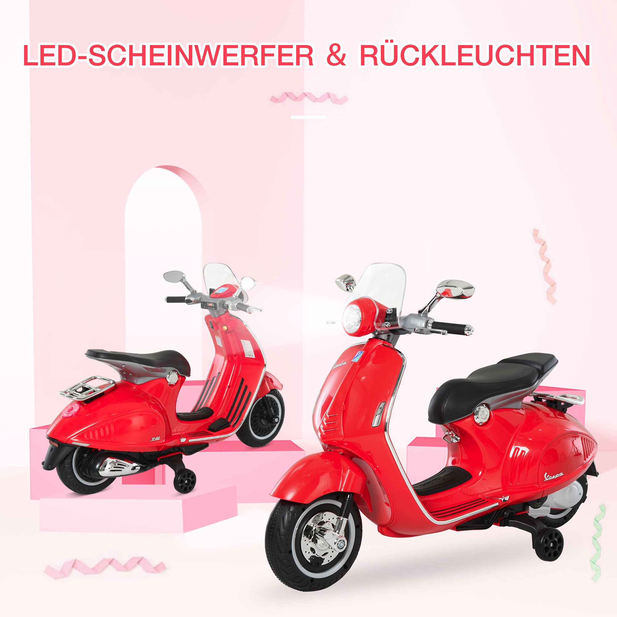 HOMCOM Kinder Elektro-Motorrad, 6V Kindermotorrad mit Scheinwerfer, Musik, Vor- und Rückwärtsgang, Trainingsräder, 30 kg belastbar, Elektromotorrad für 3-6 Jahre Kinder, Rot