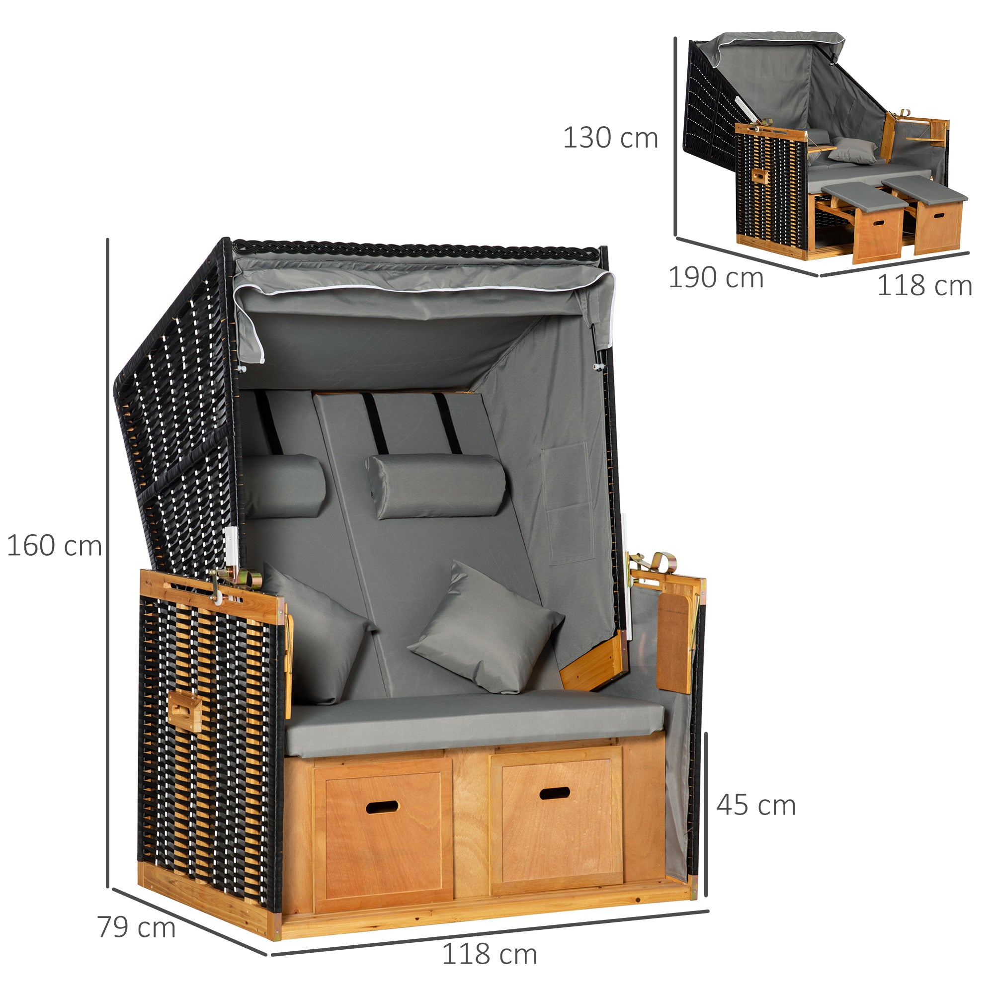 Outsunny Strandkorb für 2 Personen, inkl. Kissen, Nackenrolle und Fußstützen, wetterbeständig, hellgrau