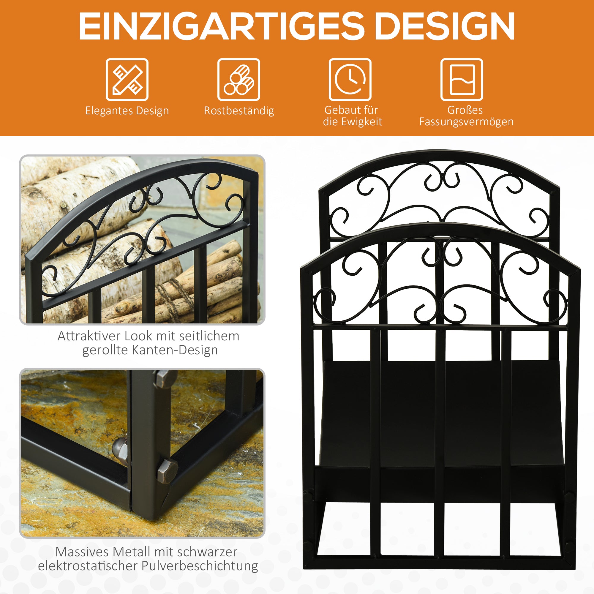 Outsunny Kaminholzregal Kaminholzständer Brennholzregal 60 kg belastbar Feuerholzablage Kaminwerkzeug Metall Schwarz 60,5 x 36 x 46,5 cm