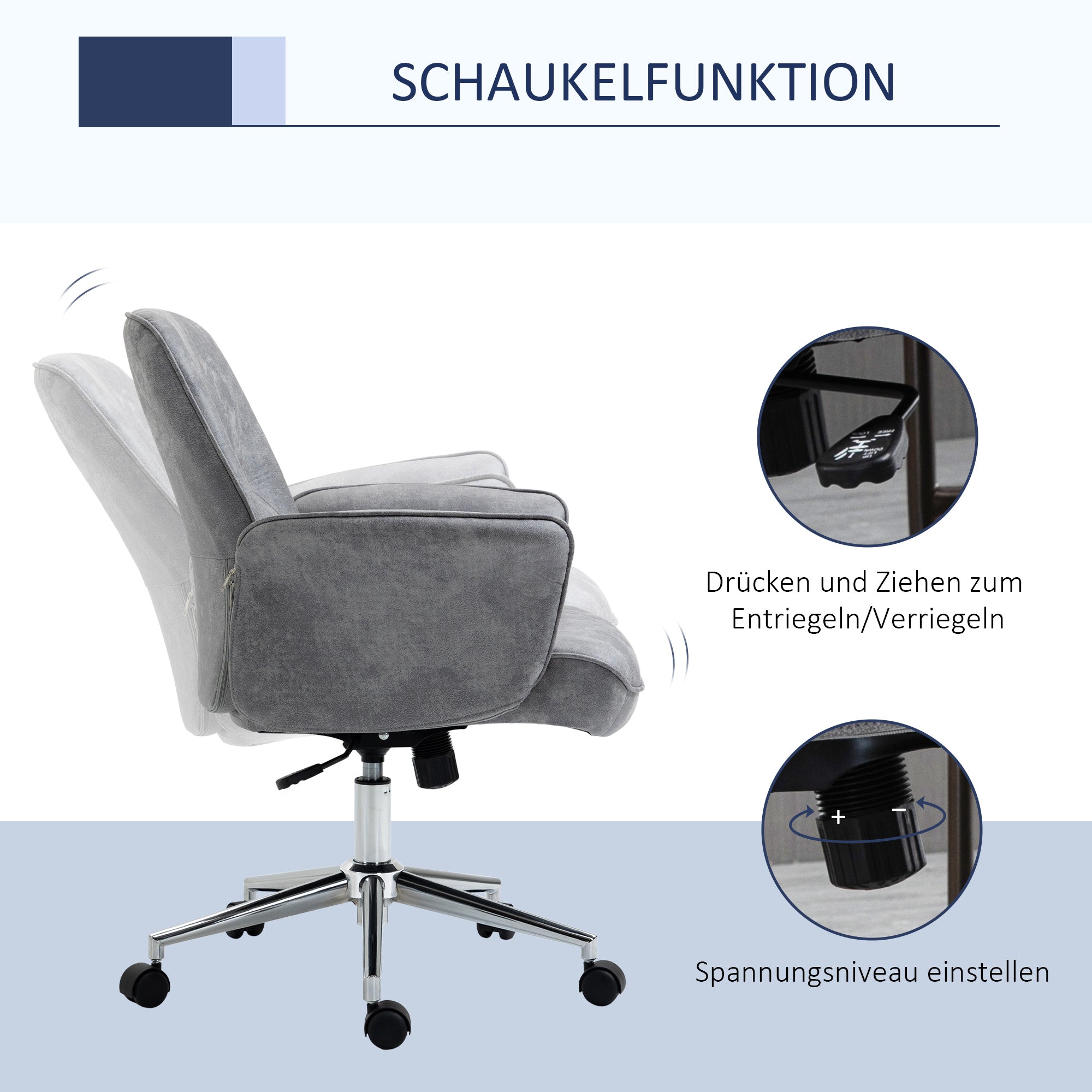 Vinsetto Bürostuhl mit Wippfunktion Schreibtischstuhl höhenverstellbarer Drehstuhl ergonomischer Arbeitsstuhl modern Belastbar bis 120 kg Mikrofaser Hellgrau 67 x 69 x 92-102 cm