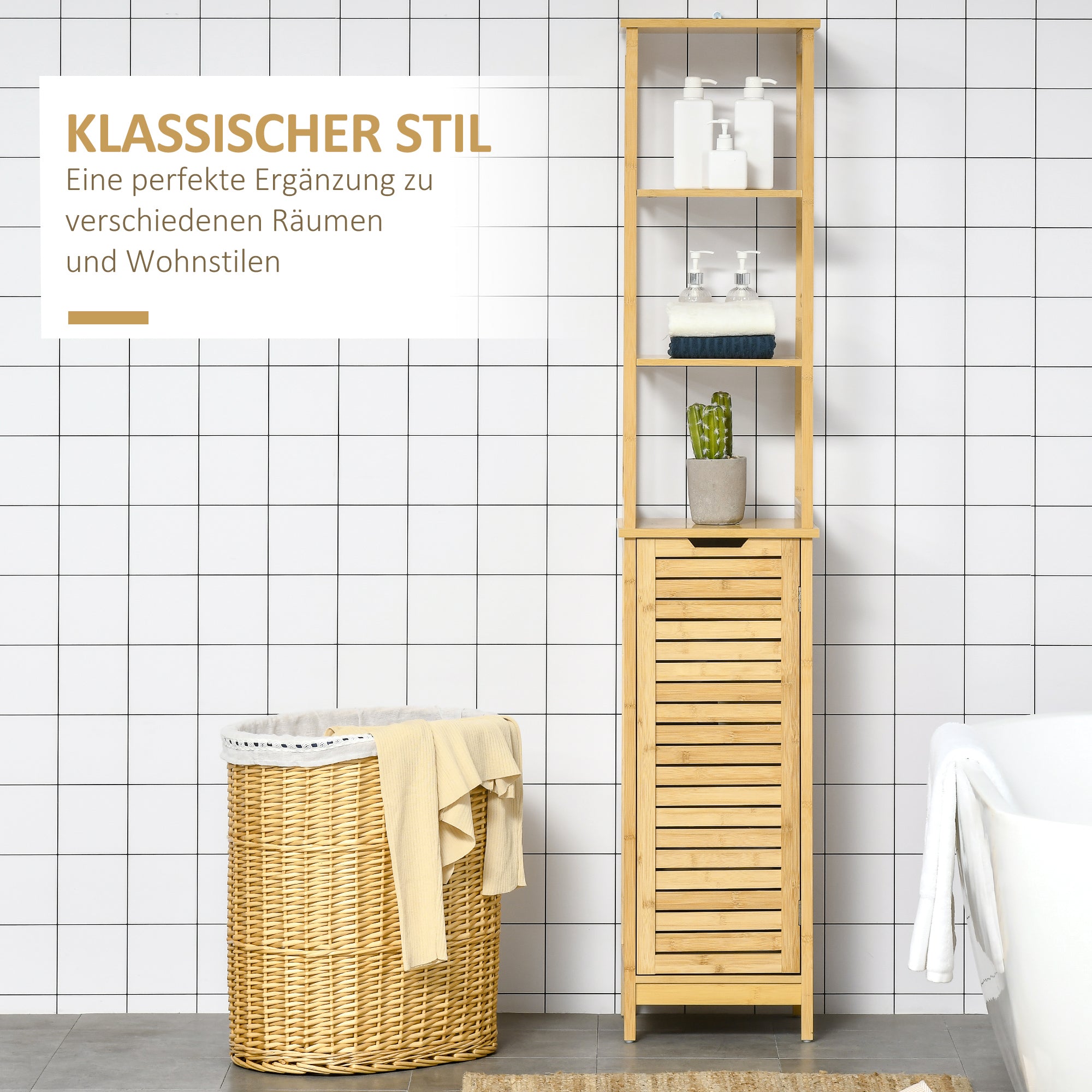 kleankin Badschrank, Hochschrank, drei Regalböden, ein Schrankfach mit Lamellentür, Kippschutz, Bambus, 34 x 30 x 173cm