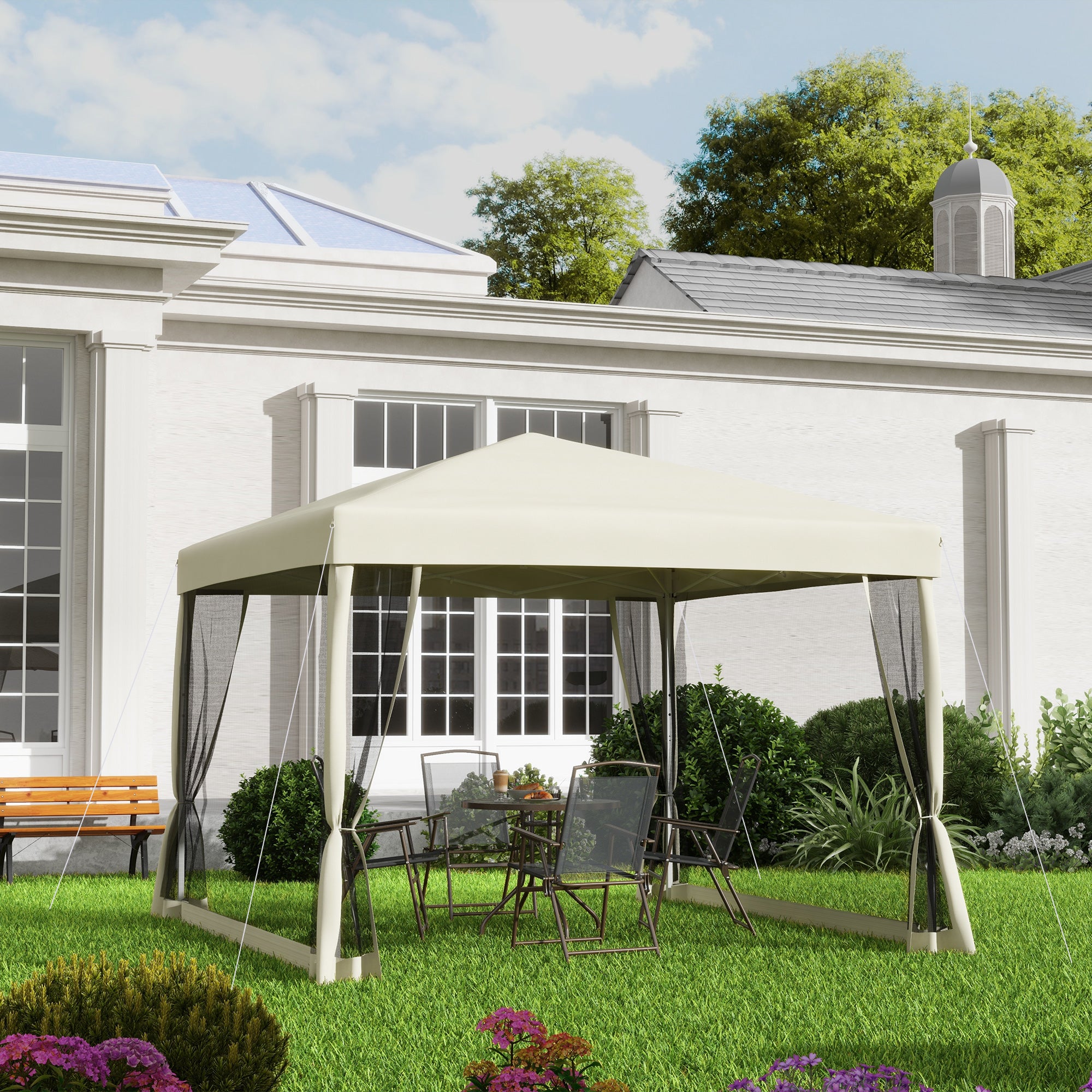 Outsunny Faltpavillon Pavillon Faltzelt mit Seitenwänden inkl. Tragetasche, Stahl+Oxford, Beige, 3x3x2,55m