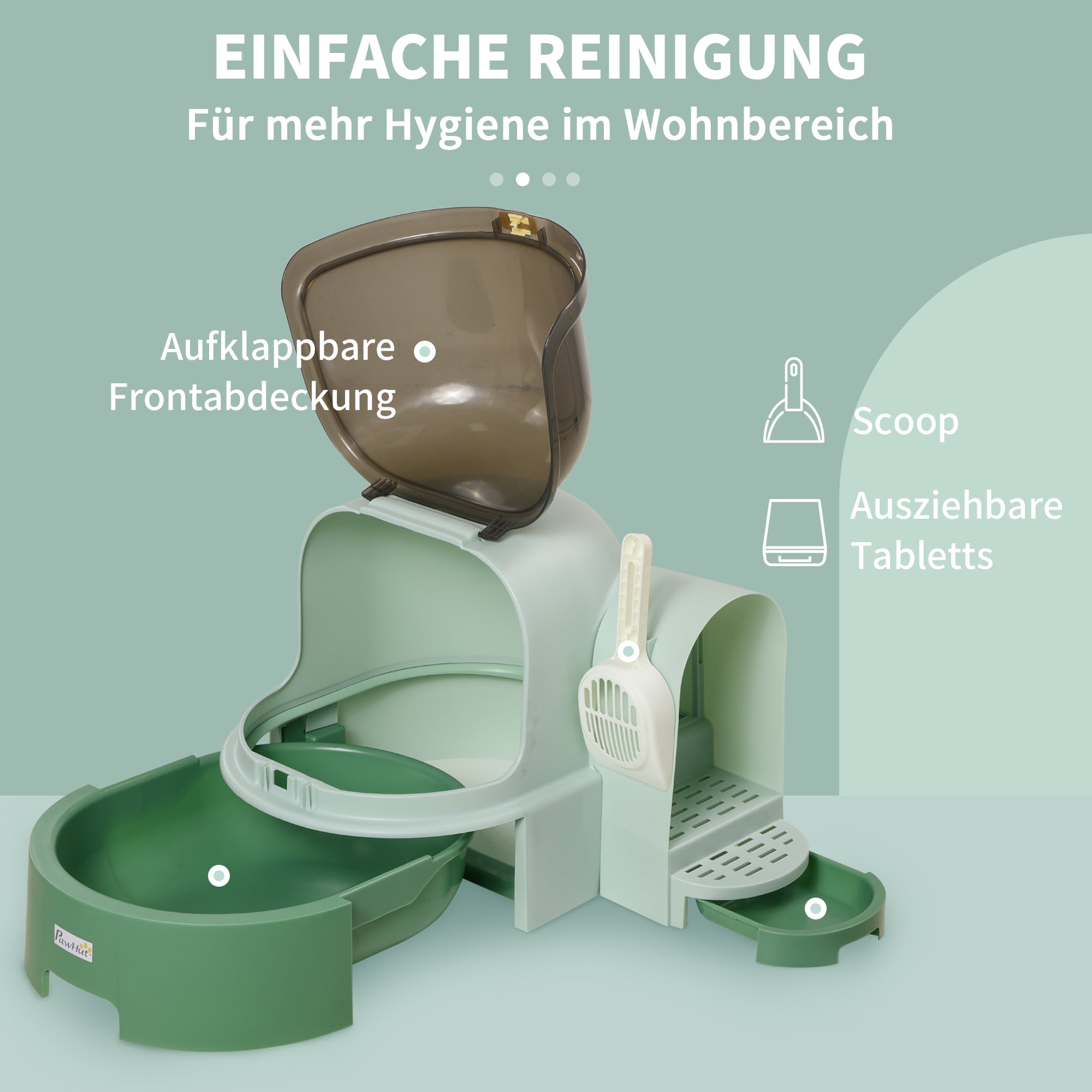 PawHut Katzentoilette, 2 herausziehbare Bodenwannen, 1 Schaufel, Streuauffangfach, abnehmbare Haube, Grün + Schwarz