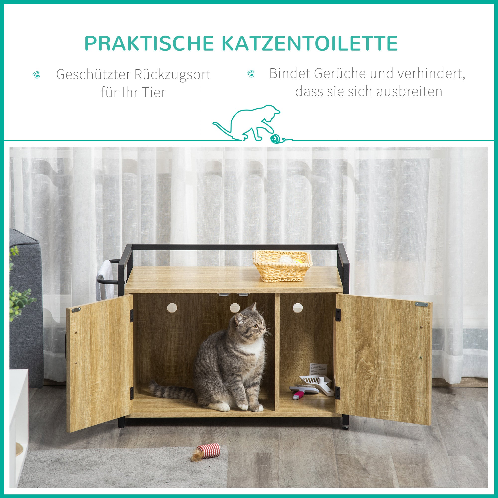PawHut Katzenschrank für Katzentoilette Katzenklo Beistelltisch Katzenhaus Katzenkommode Schrank Natur 82,3 x 51 x 54 cm