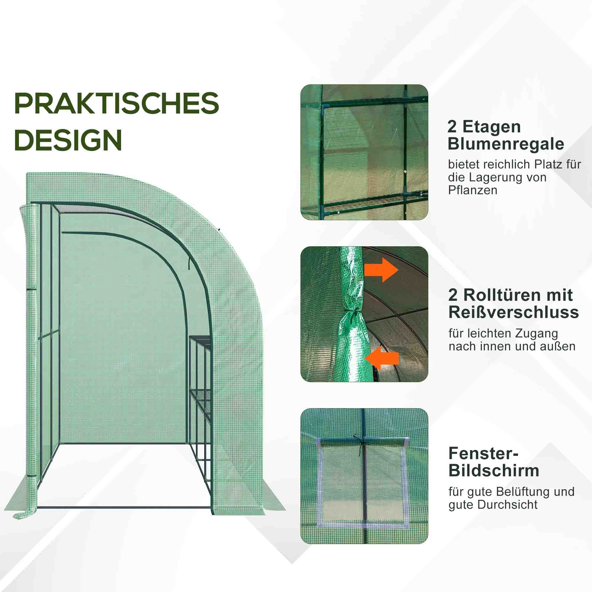 Outsunny Gewächshaus, Gartengewächshaus mit Kunststoff-Abdeckung, UV-beständig, 3 Etagen, Reißverschlusstüren, Grün