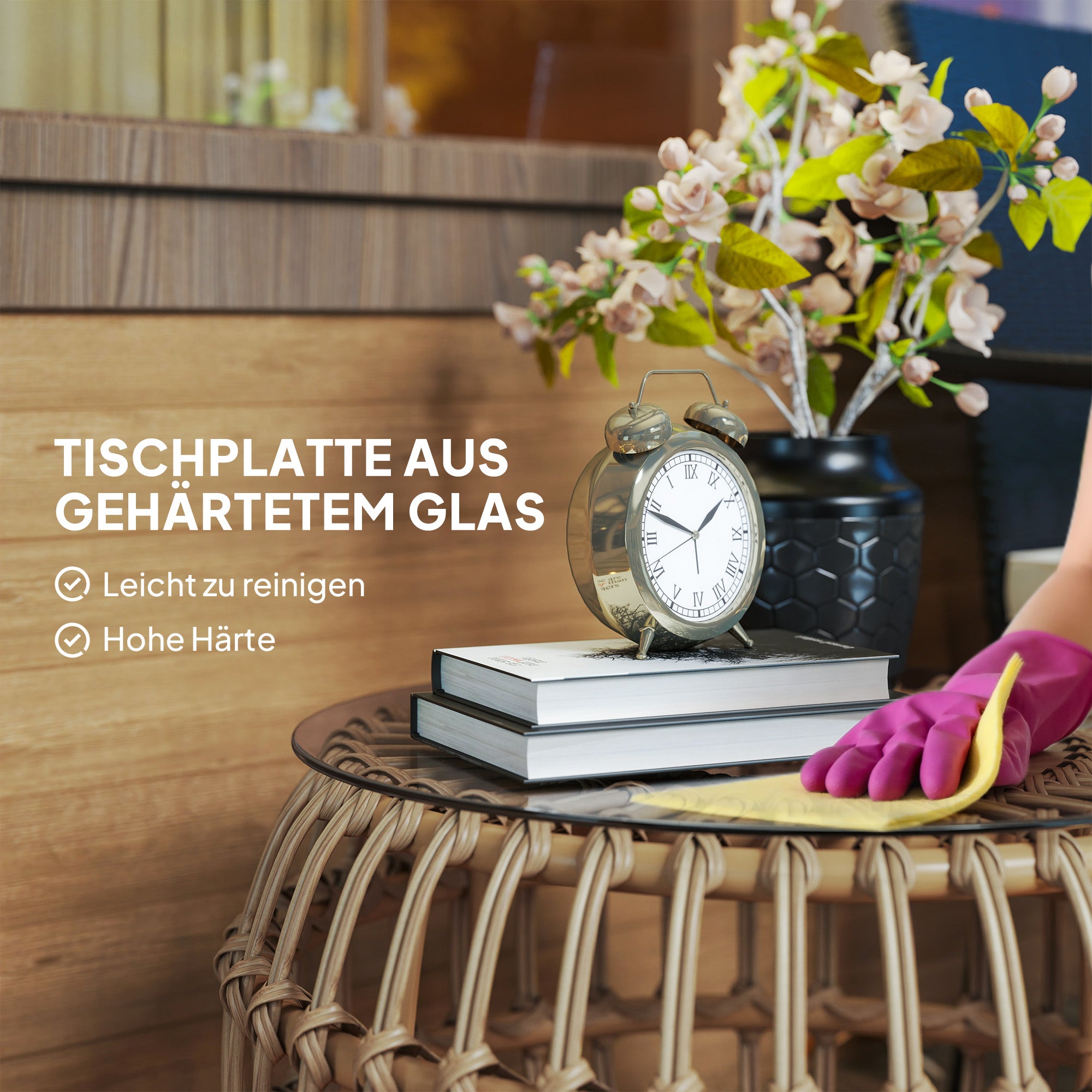 Outsunny 2er Set Beistelltisch Polyrattan Ø66/42 cm rund wetterfest Gartentisch mit Glasplatte Braun