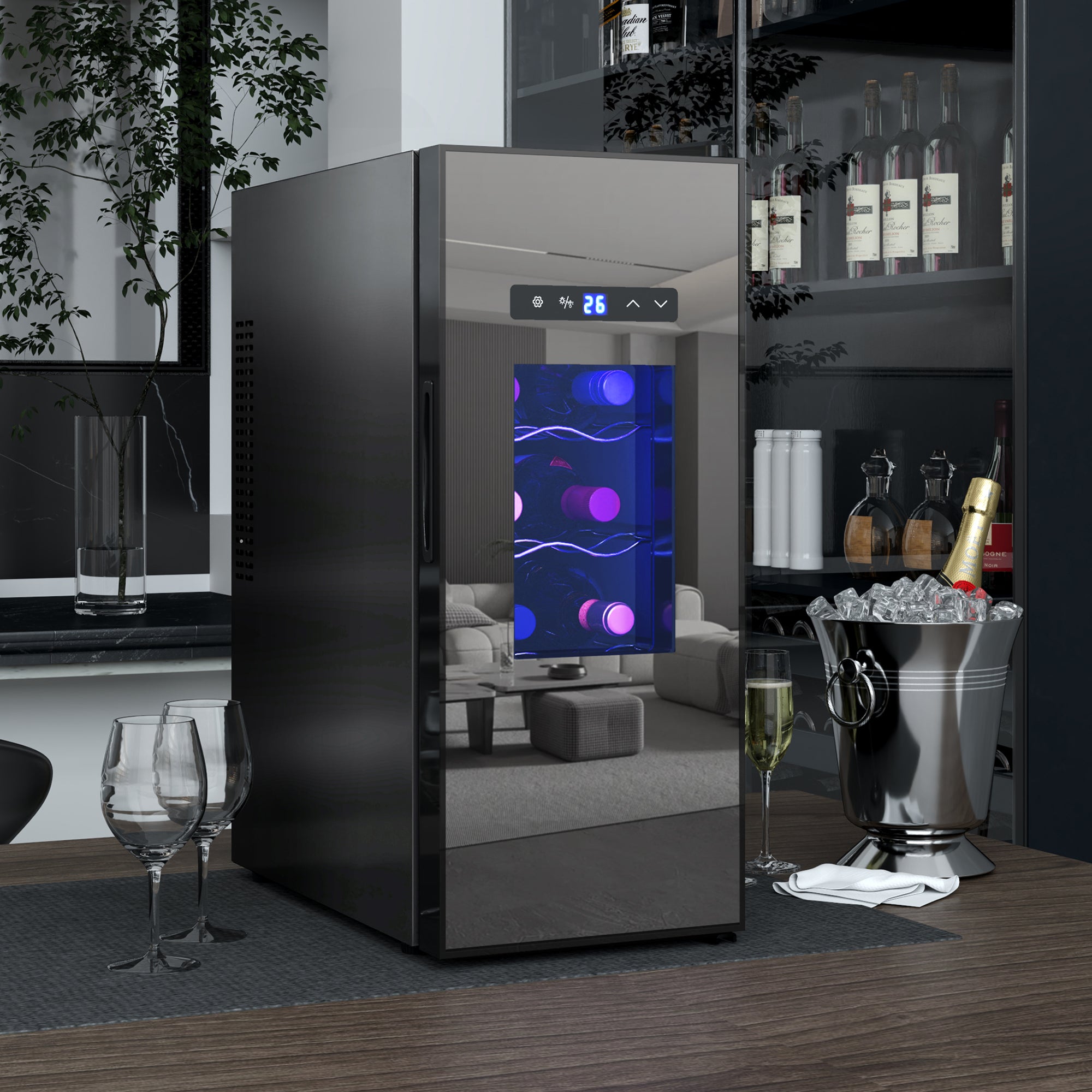 HOMCOM Weinkühlschrank für 12 Flaschen, mit Glastür, Getränkekühlschrank mit LED-Licht, Touch-Screen, Schwarz