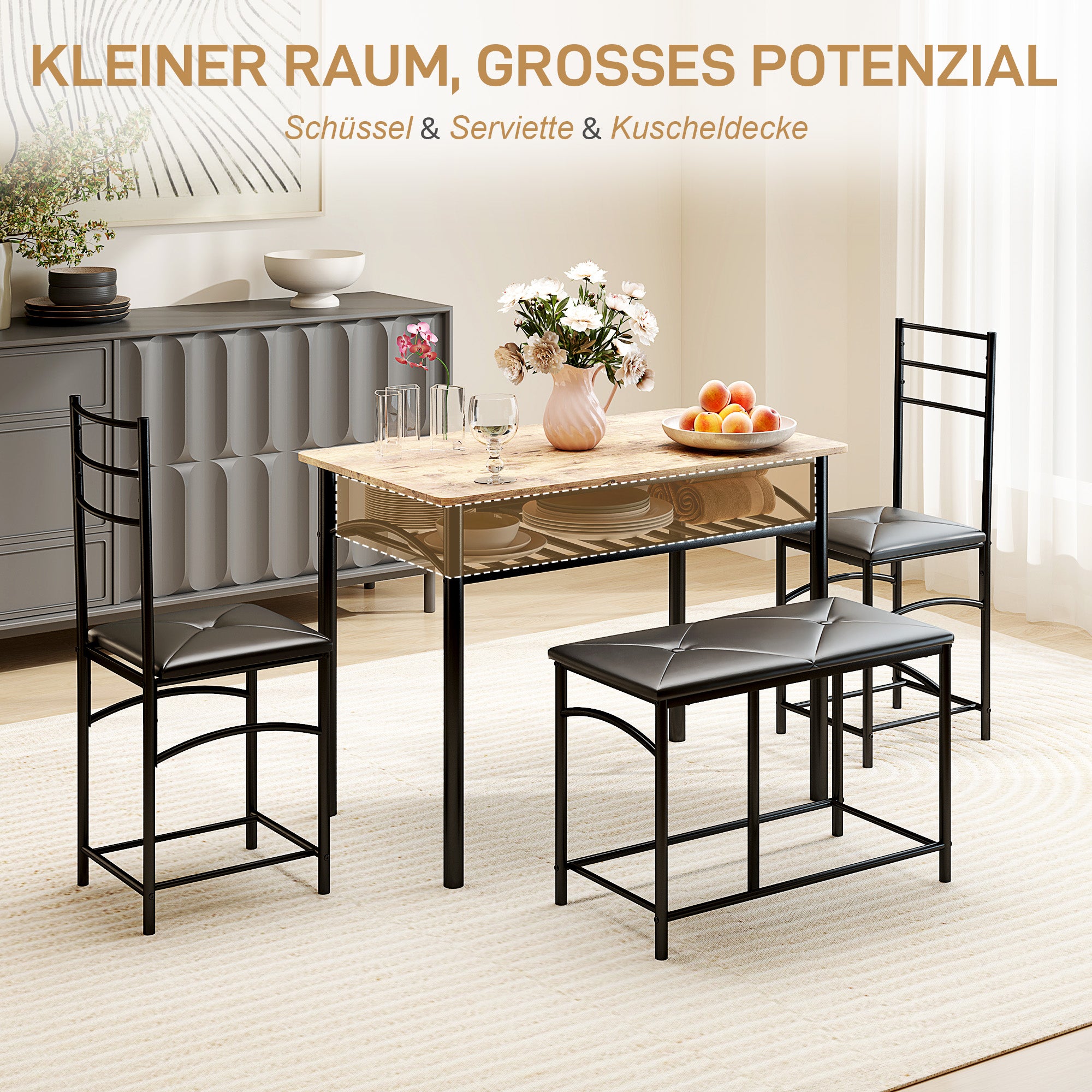 HOMCOM 4-teiliges Esszimmer-Set, Platzsparendes Set aus Tisch, 2 Stühlen und Bank, für kleine Räume, Metall, Holz, Braun