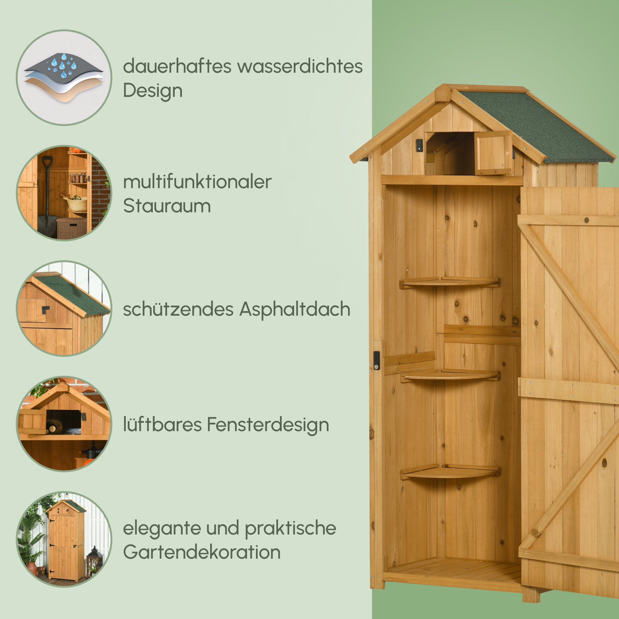 Outsunny Gartenschrank Gartenhaus Gerätehaus Geräteschuppen mit Fachböden Asphaltdach Fenster Holz Gelb+Grün 77 x 54,2 x 179 cm