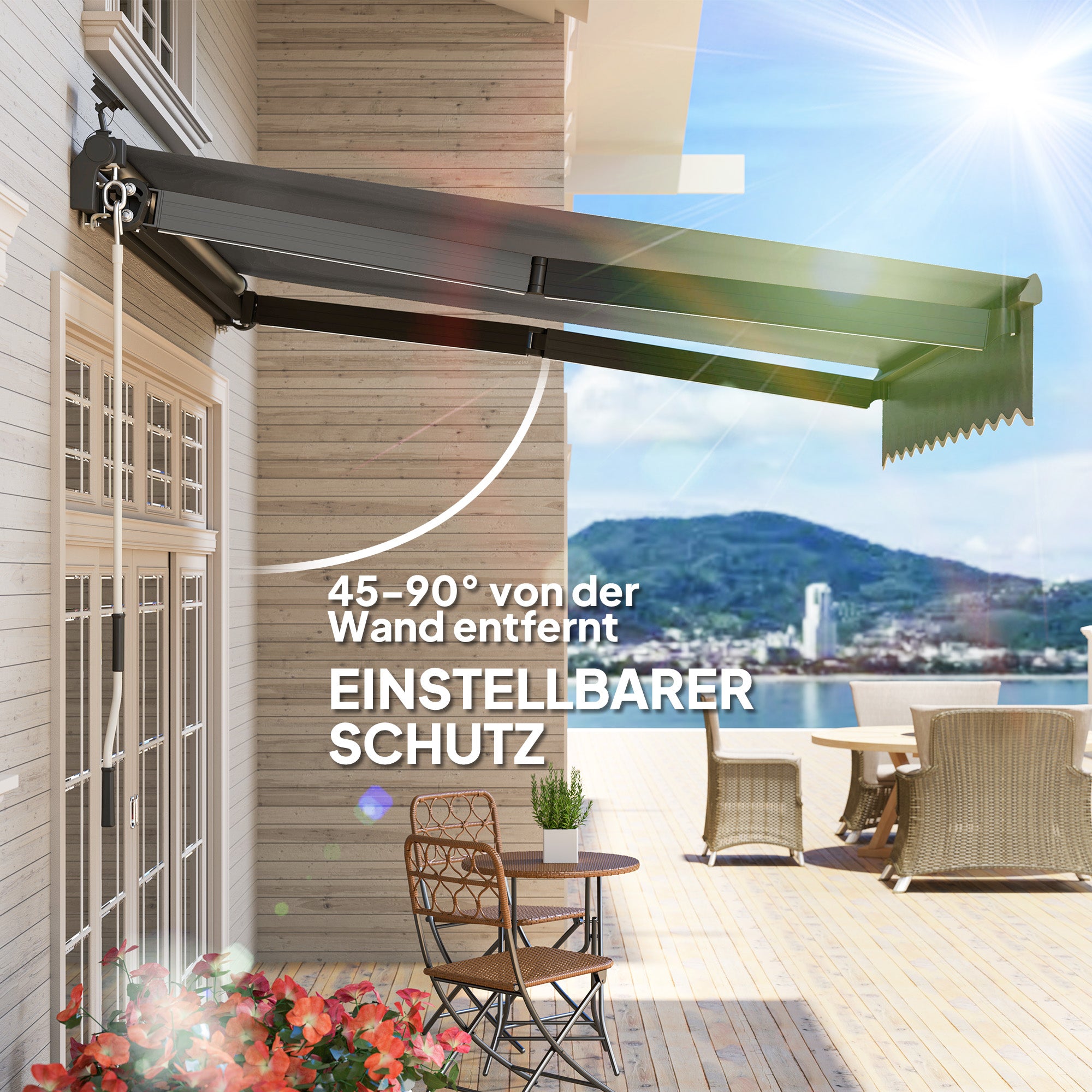 Outsunny Klemmmarkise mit Handkurbel Solar-Lichte Gelenkarmmarkise Markise Sonnenschutz UV 50+ 300 cm breit Grau
