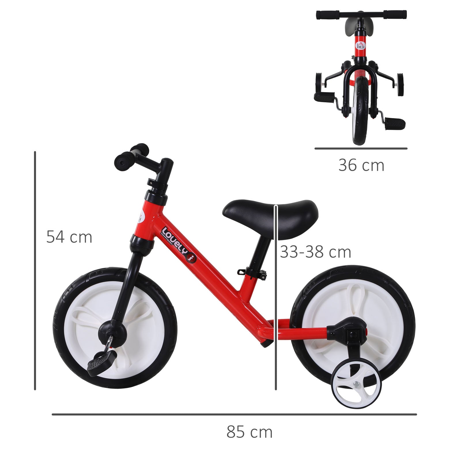 HOMCOM Kinder Laufrad, Lauflernrad, Kinderfahrrad, 2-in-1, Kinderrad mit Stützrädern und Pedalen, 2-5 Jahre, Sitzhöhenverstellbar, PP, Rot, 85 x B36 x H54 cm