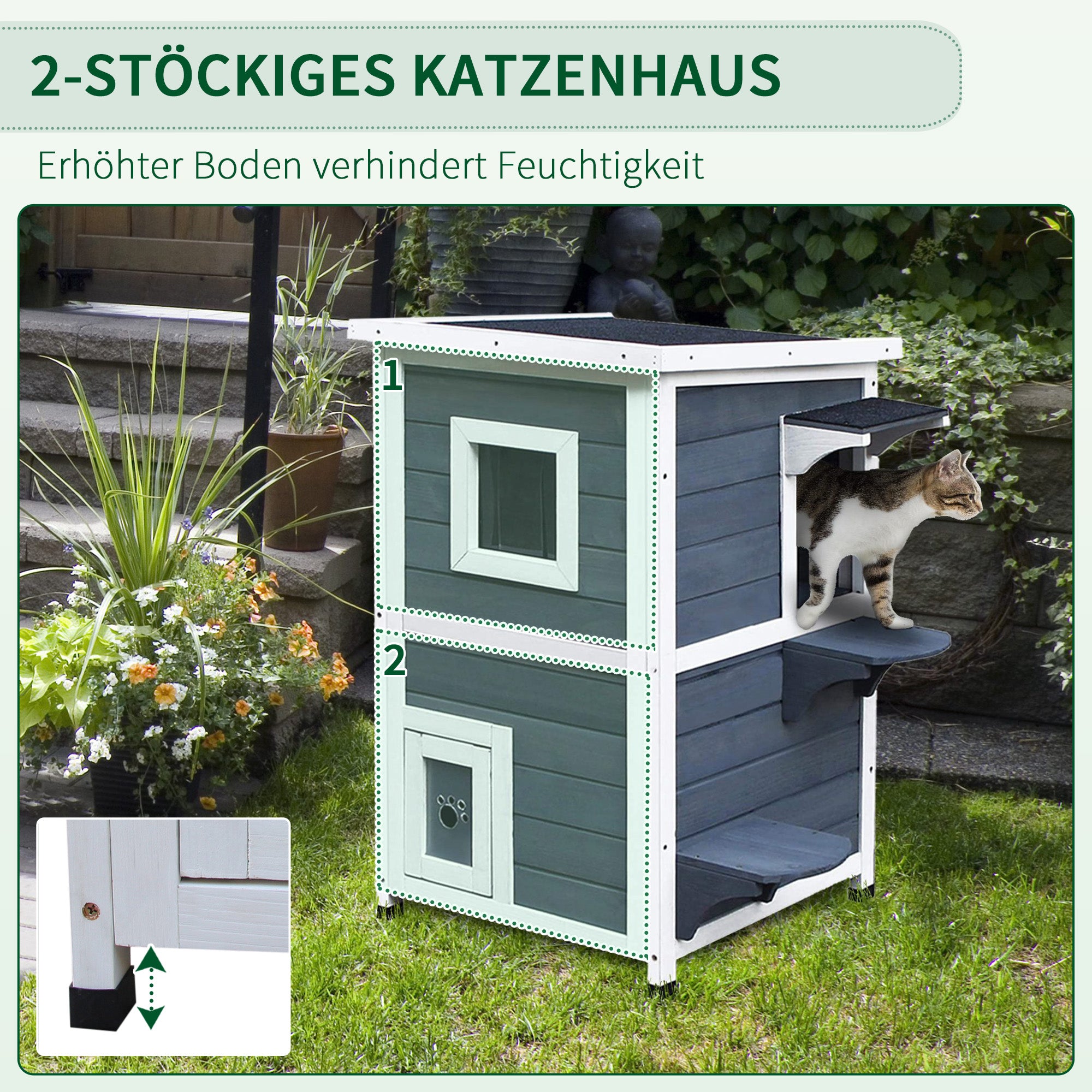PawHut Katzenhaus aus Holz 2 Etagen Winterfest wasserdicht Katzenhütte mit Asphaltdach Treppen Fenster Katzenhöhle Outdoor Schutzhütte für Draußen Garten Balkon 51 x 51 x 81,3 cm Grau