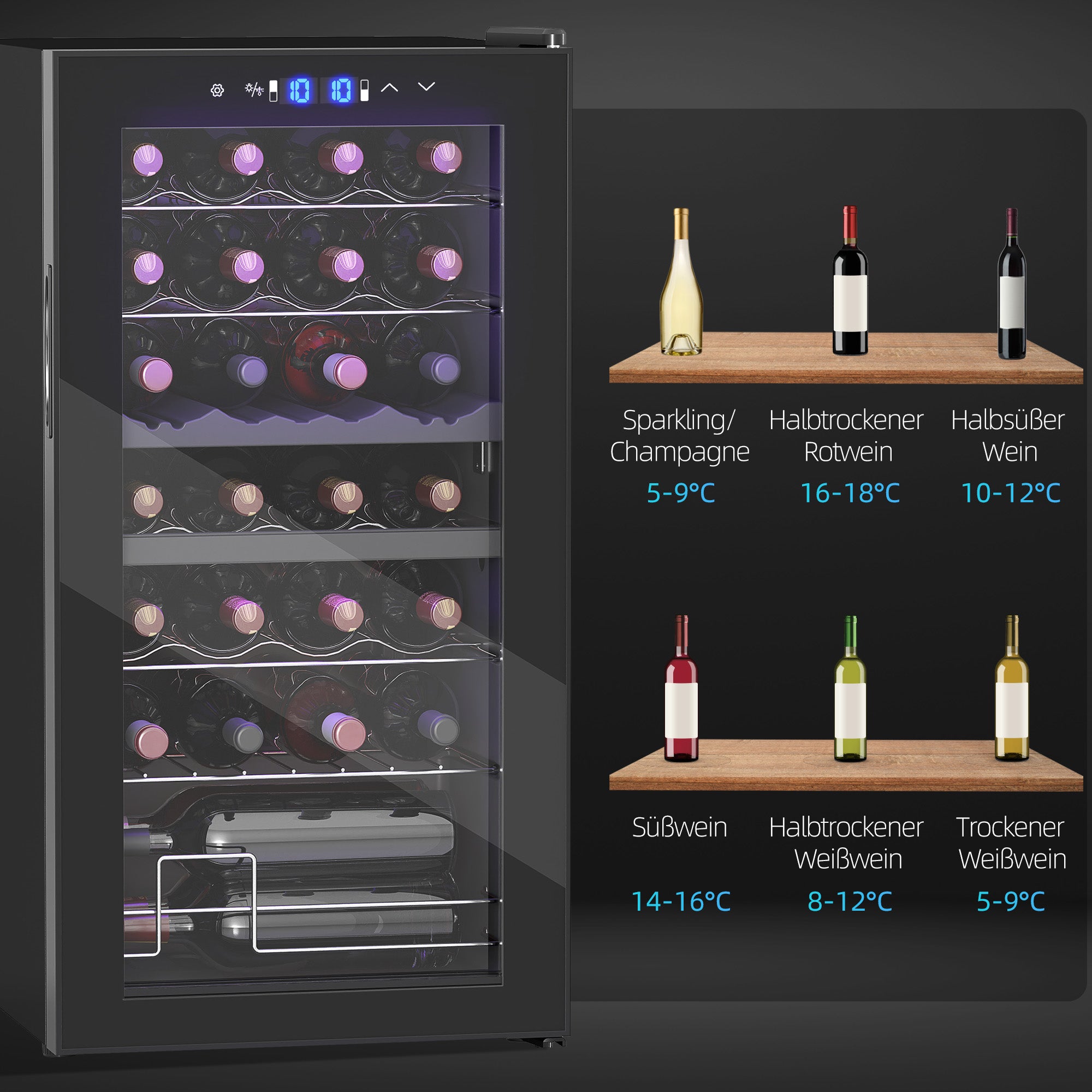 HOMCOM Kleiner Weinkühlschrank, Mini-Kühlschrank für 28 Flaschen, 74 Liter Kapazität, Glastür, LED-Beleuchtung, Touch-Screen