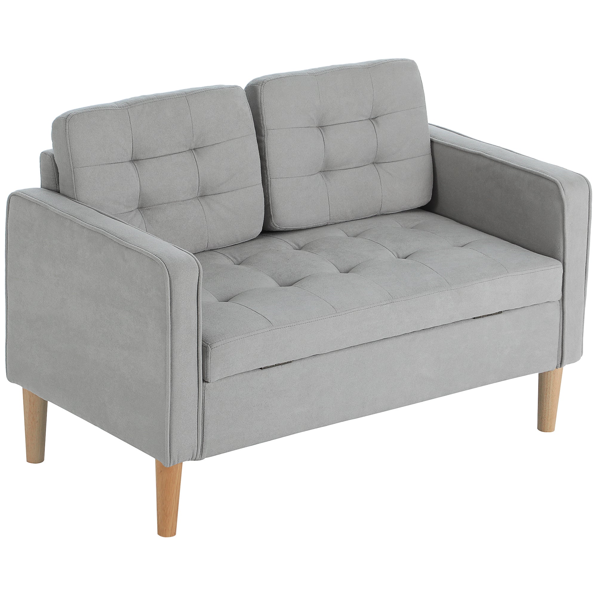 HOMCOM Zweisitzer-Sofa mit Stauraum, Knopfheftung, Kissen, Kautschukbaumholz, 117x62x78cm, Hellgrau