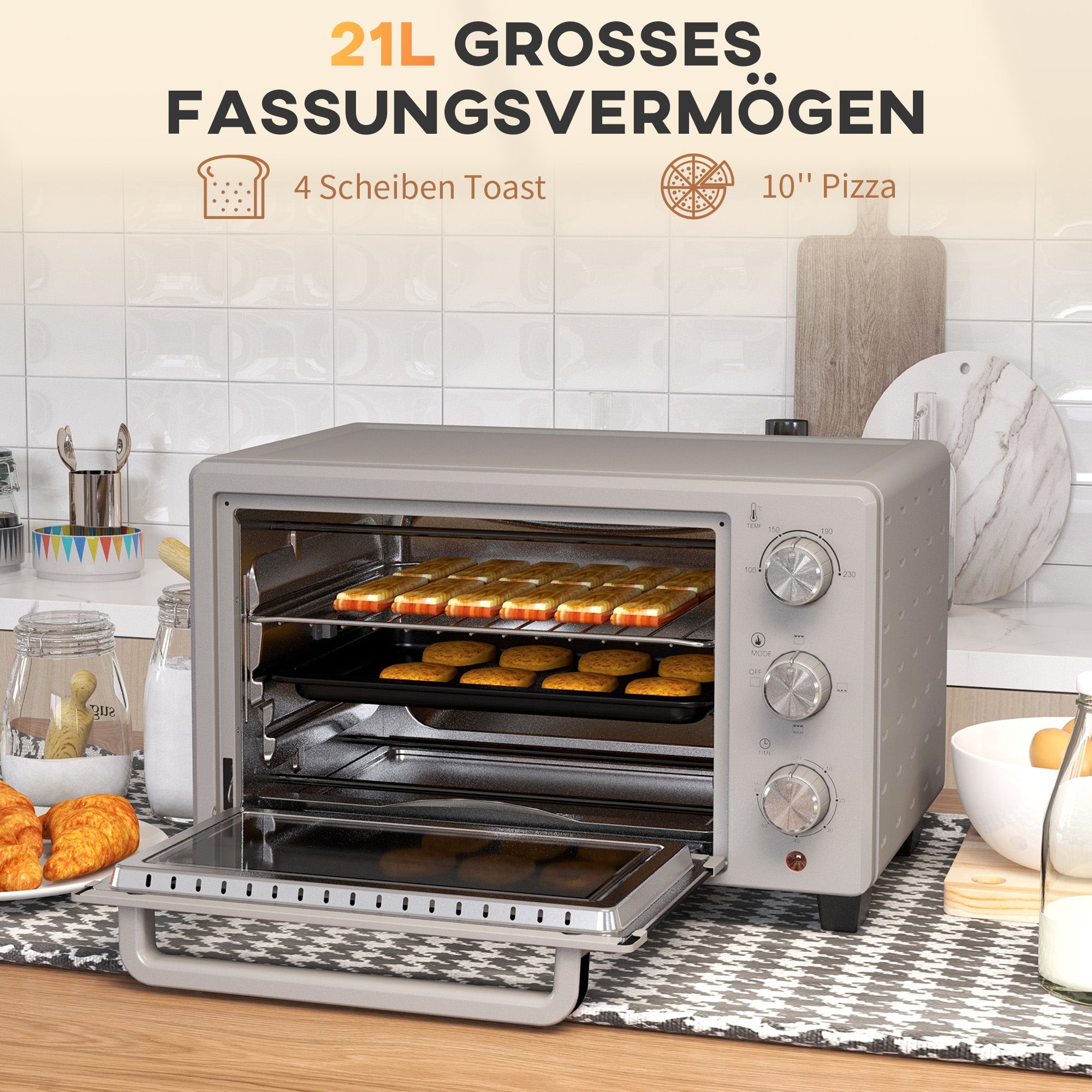 HOMCOM Minibackofen, 21 L Toasterofen mit 1 Drahtgestell und 1 Backblech, 3 Kochmodi, 100 °C-230 °C, Edelstahl, Glas, Silber