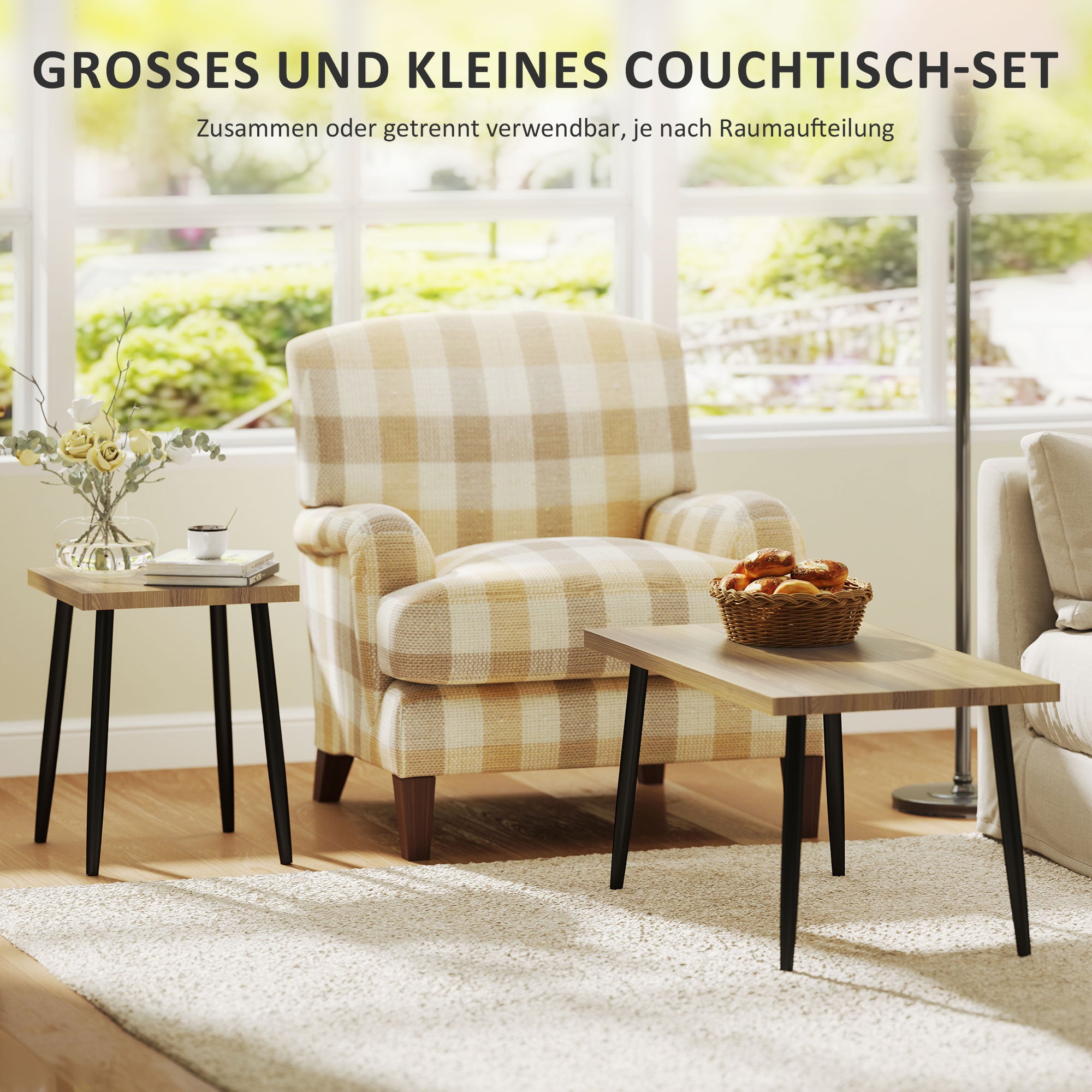 HOMCOM 2er-Set Kaffeetische, Großer und kleiner Tisch mit Metallrahmen und Holzplatte, Flexible Couchtische, Naturholz